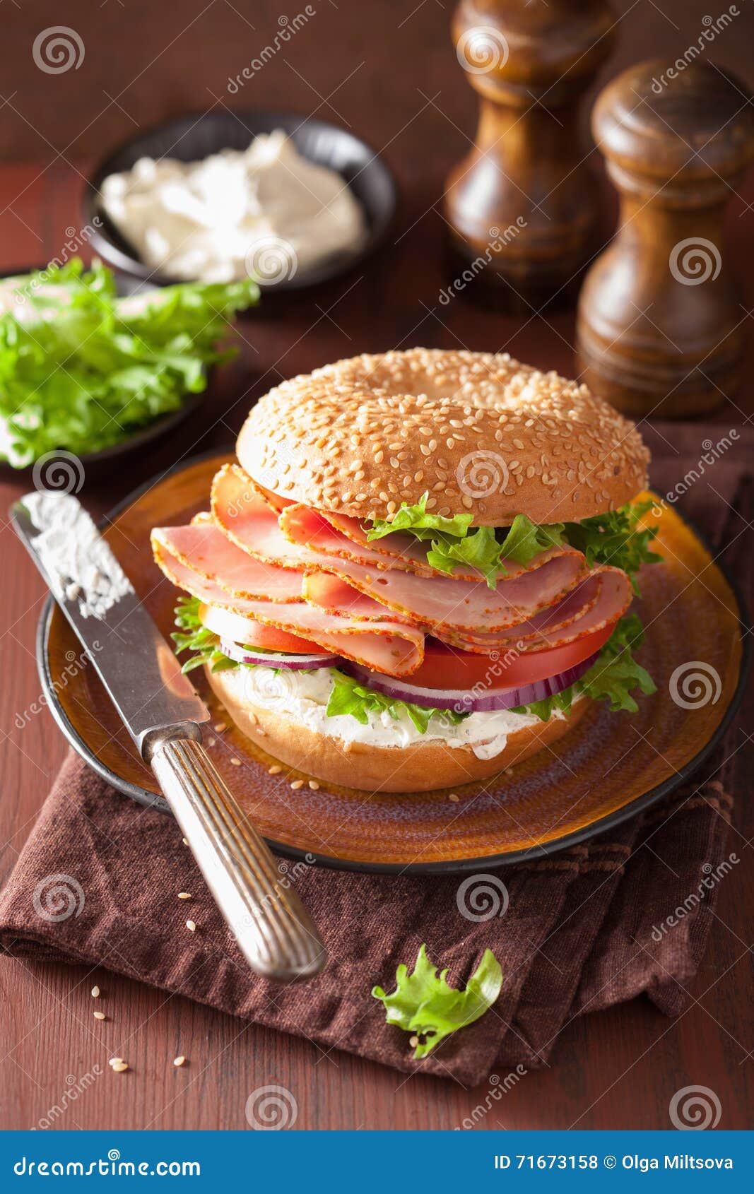 Ham Sandwich on Bagel with Cream Cheese Tomato Onion Stock Photo
