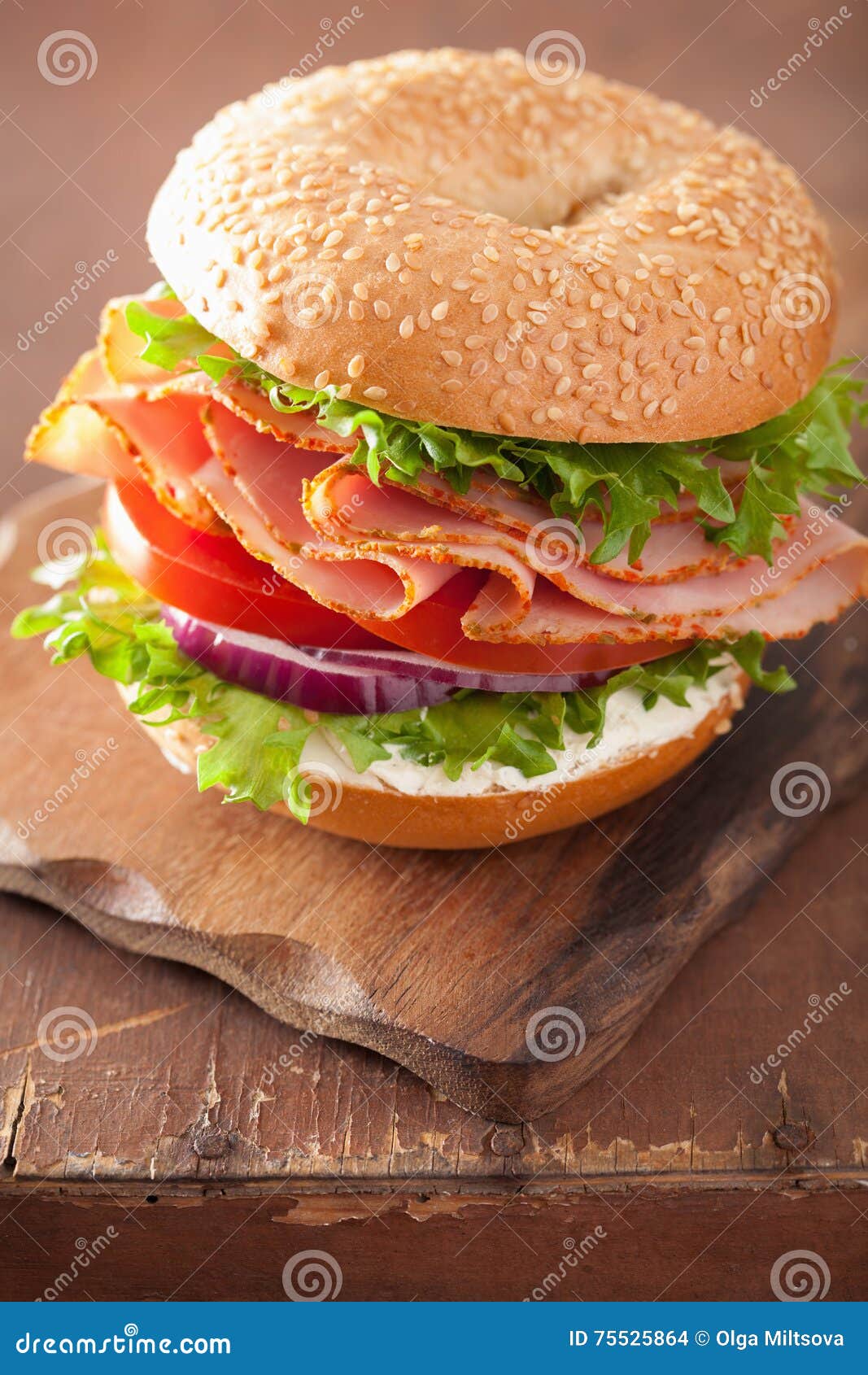 Ham Sandwich on Bagel with Cream Cheese Tomato Onion Stock Photo