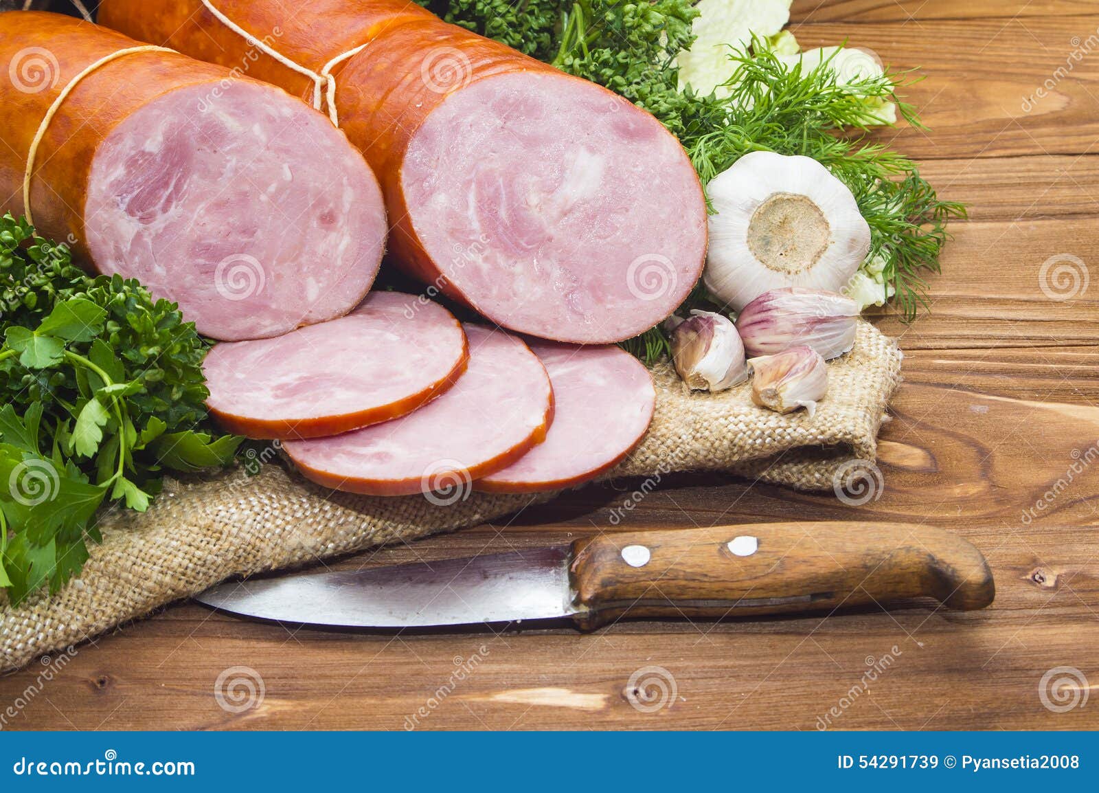 Ham Sliced Pork Sausage with Garlic and Herb Stock Image Image of