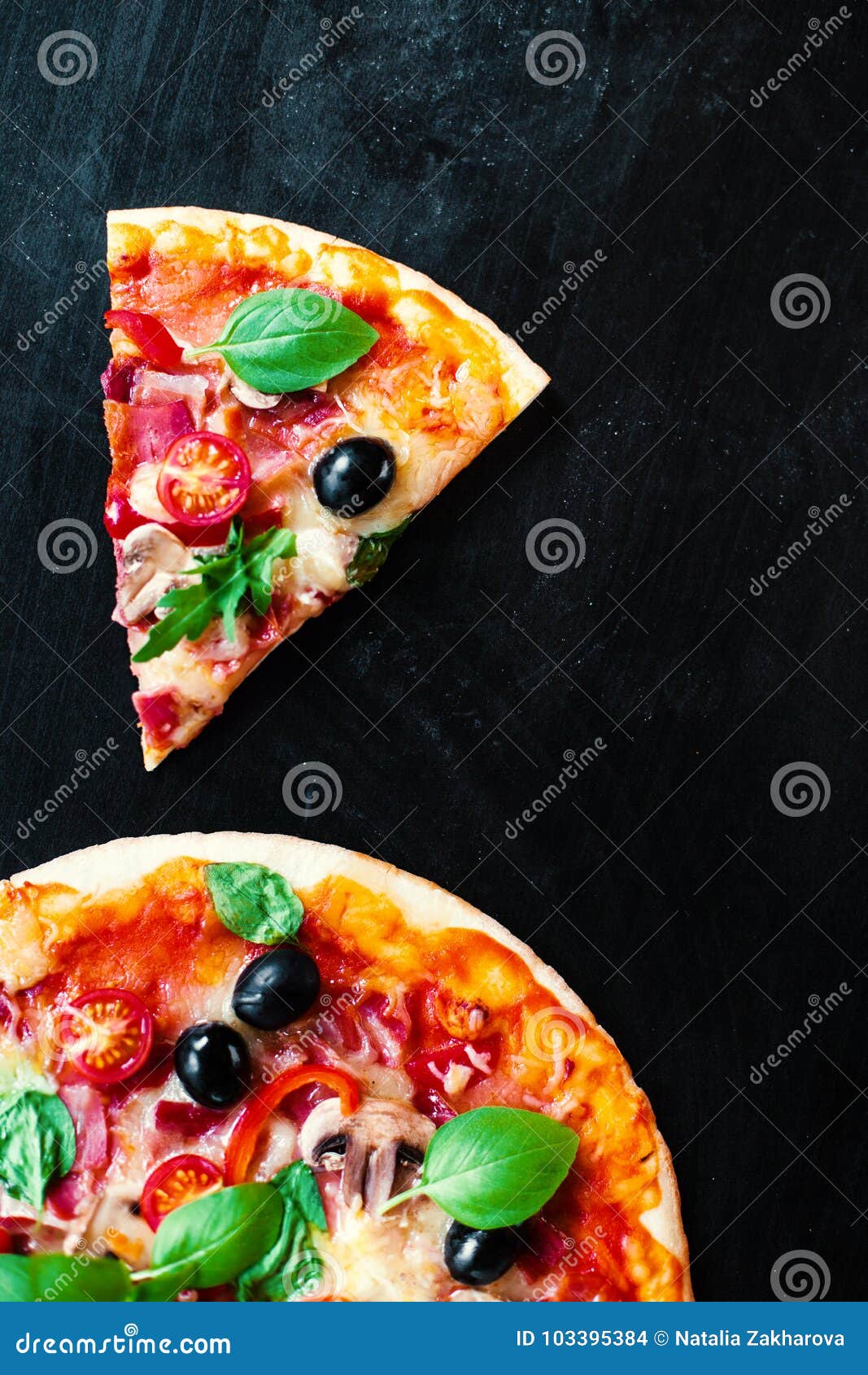 Ham, Tomato and Cheese Pizza on Dark Background. Hot Pizza Wit Stock ...