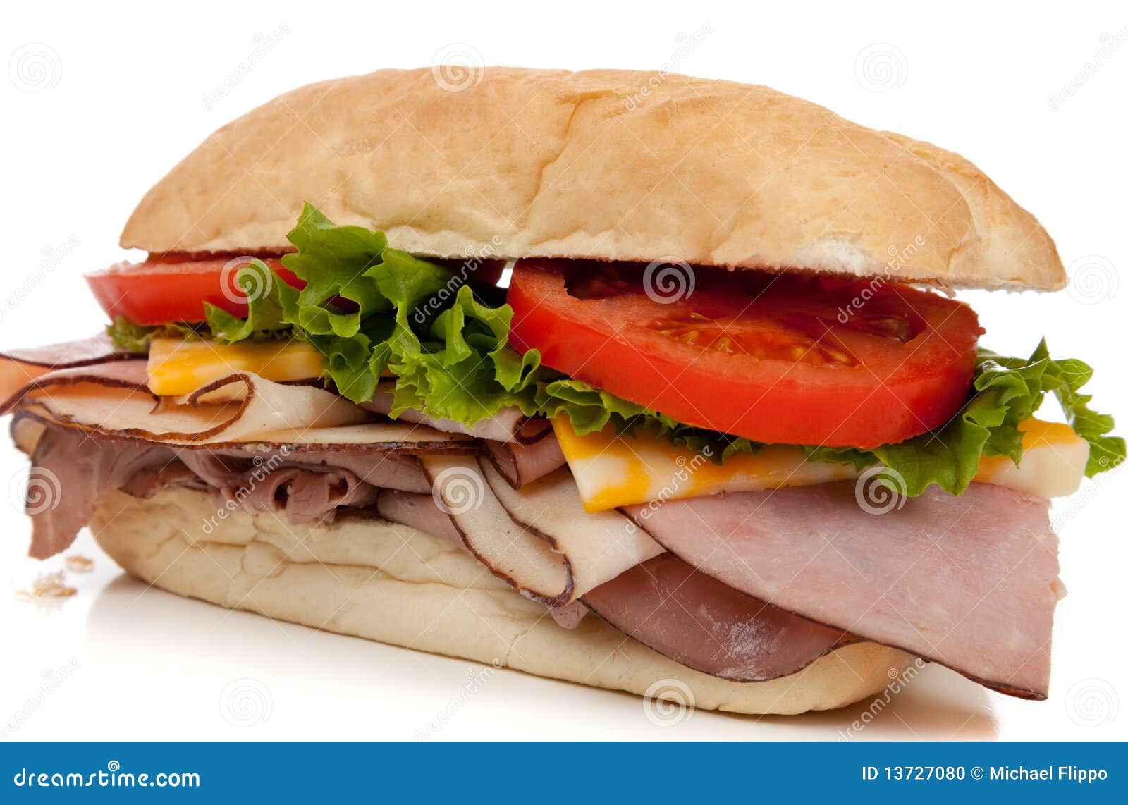 Ham And Turkey Sandwich On A Hoagie Bun On White Stock Photo Image