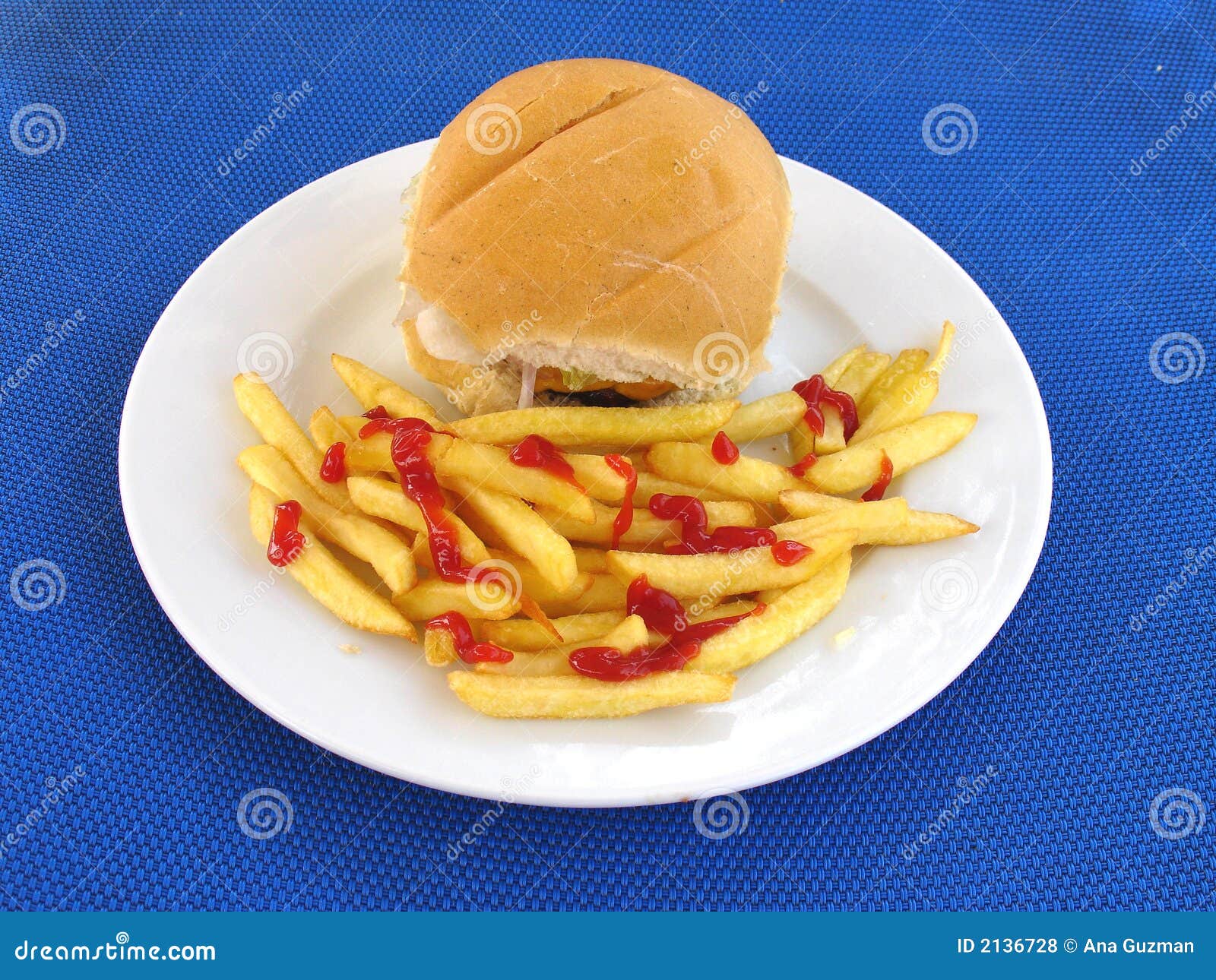 Um Hamburger com fritadas sobre um fundo azul