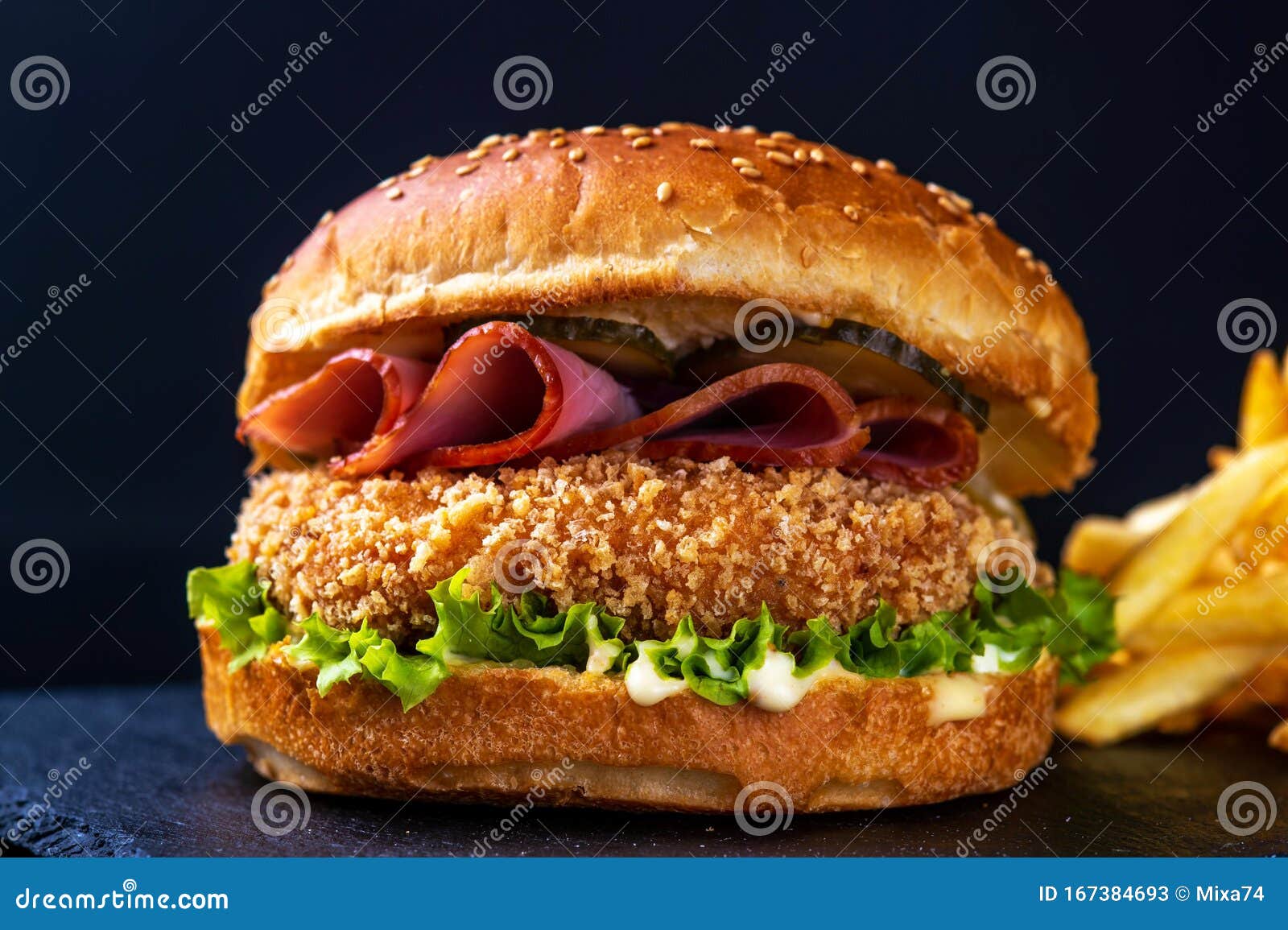 Hamburger with Bacon on Black Background Stock Image - Image of meat