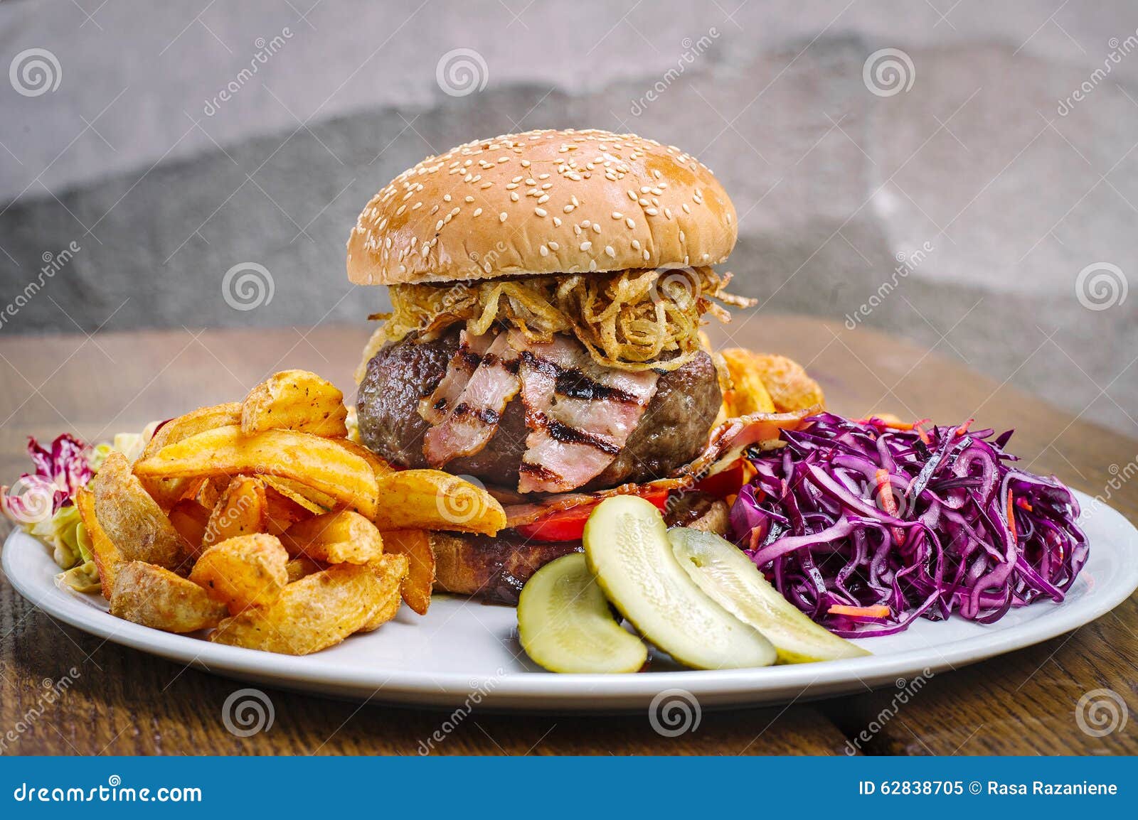Hamburger with Bacon, Vegetables and Potatoes Stock Image Image of
