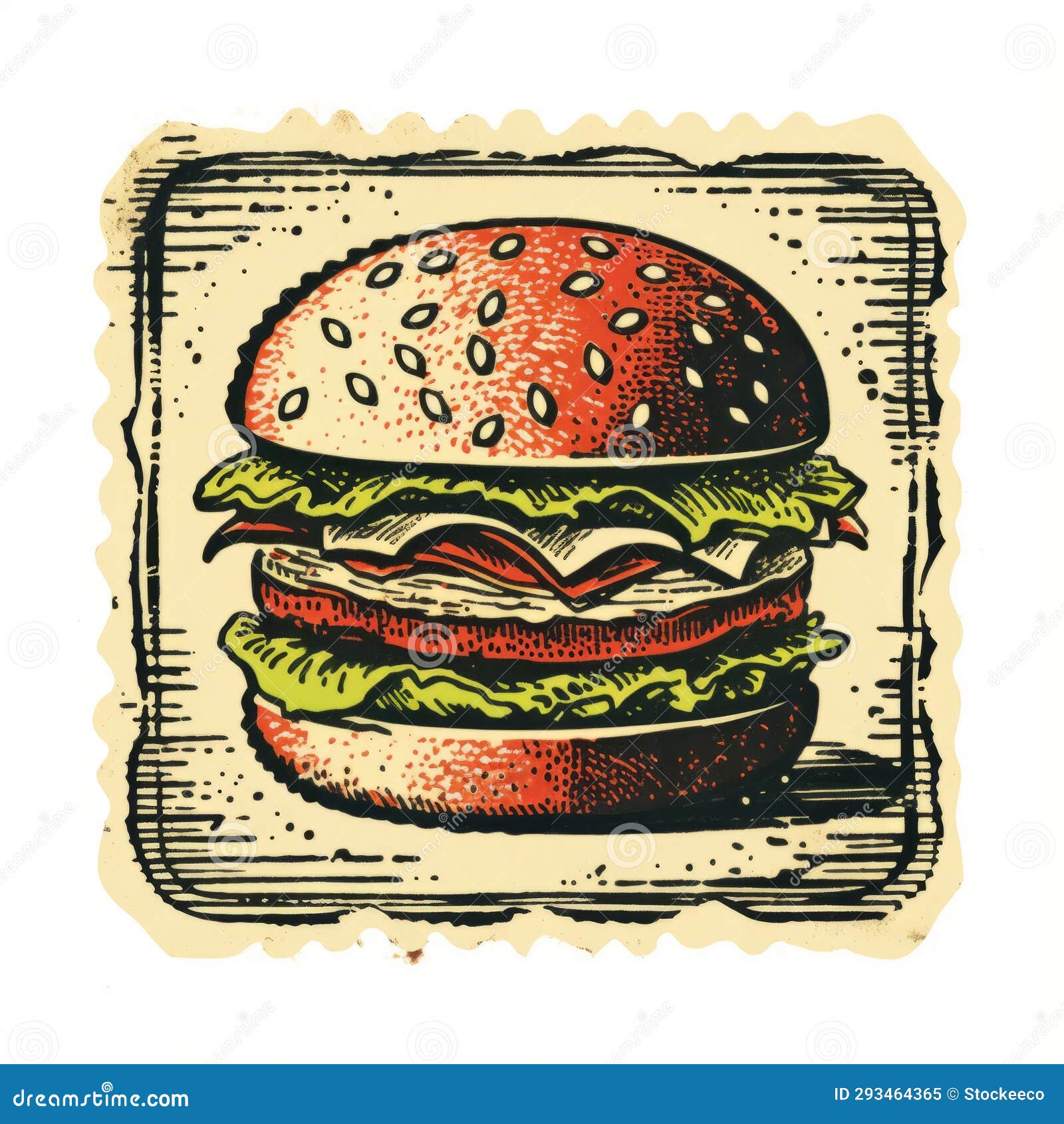 vintage wooden burger with red cheese - woodcut and linocut style