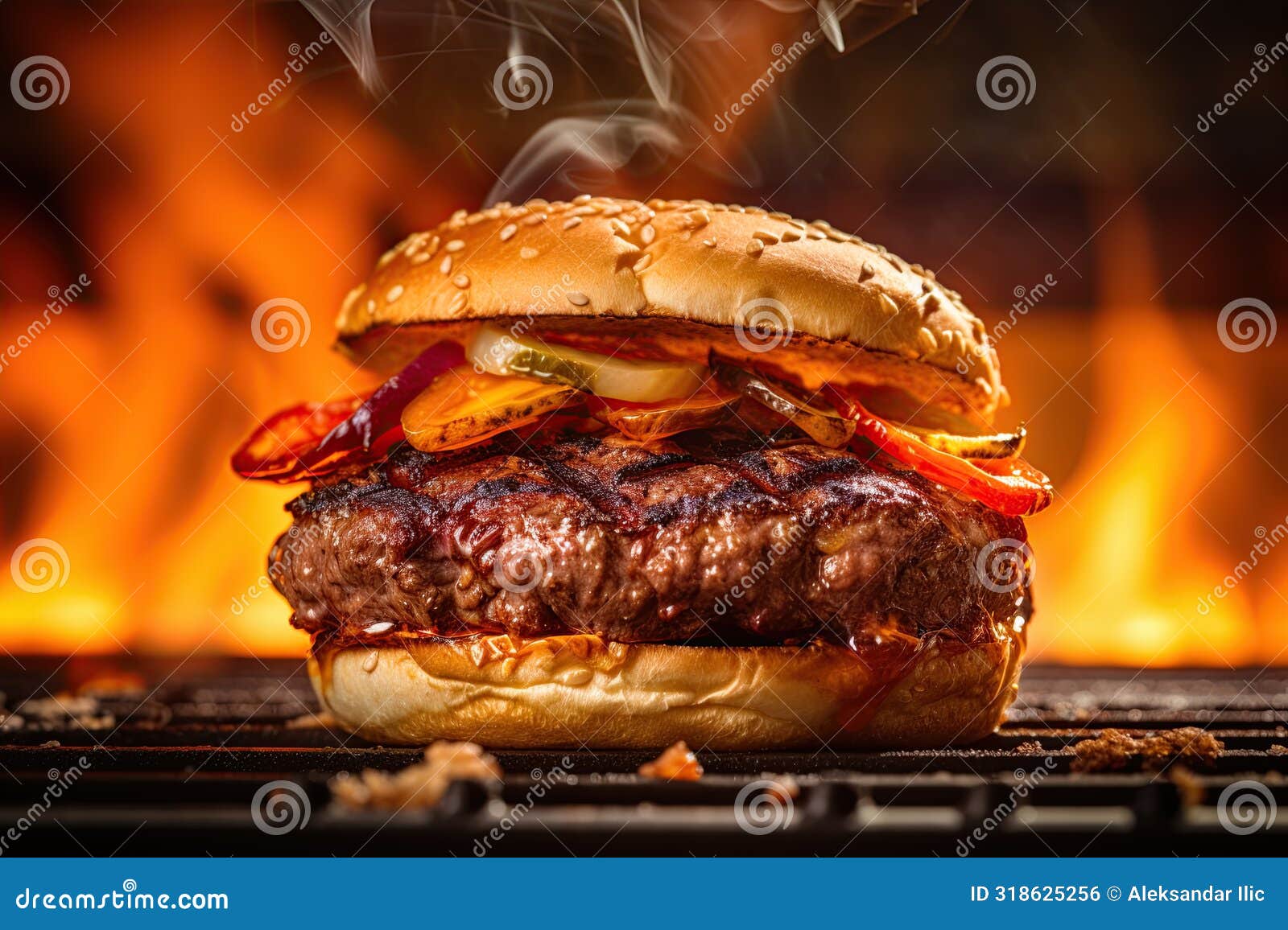 hamburger on a flaming hot grill. ai generative