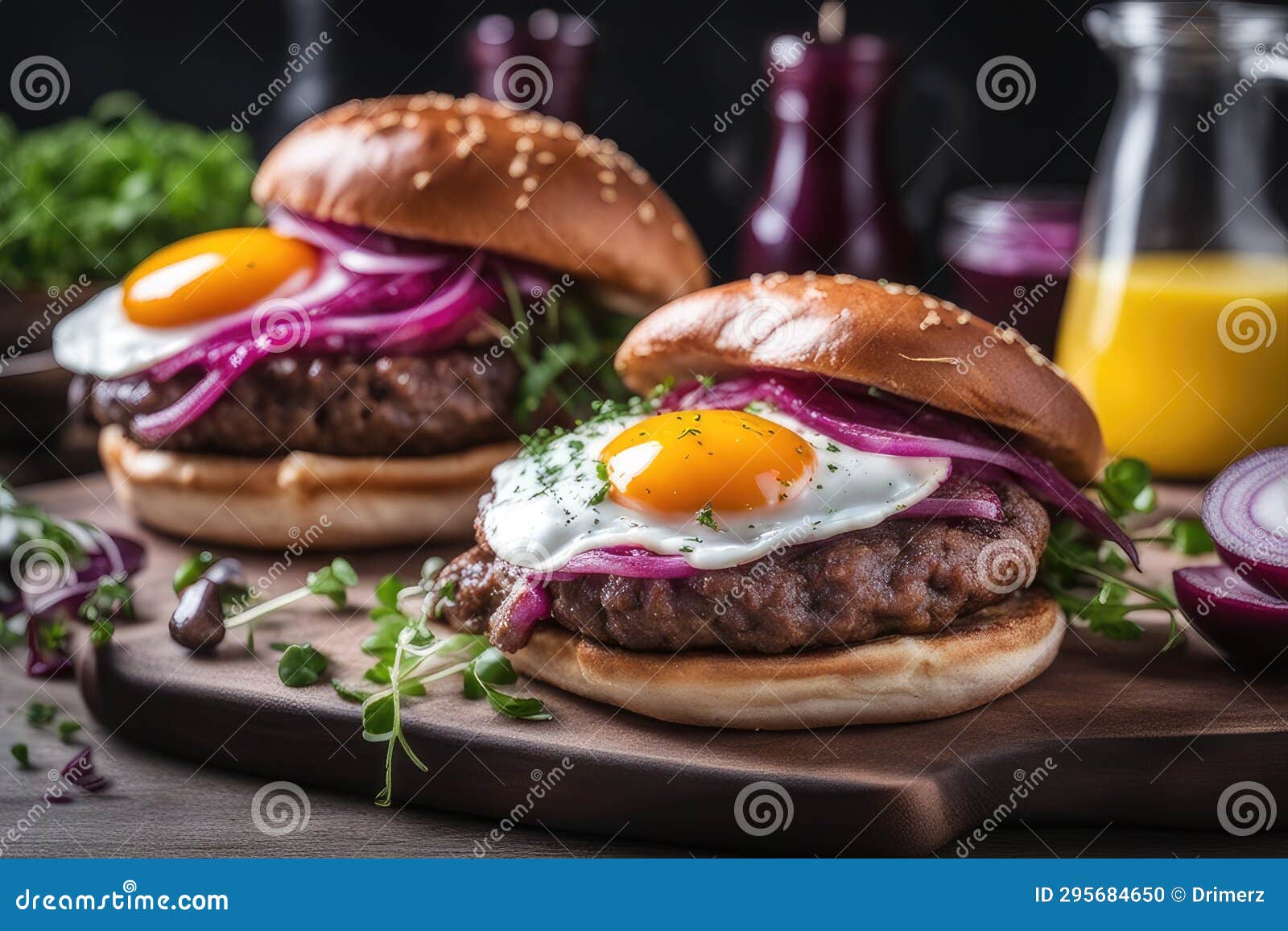 Hamburger with Fried Egg, Red Onion and Arugula. Generative AI Stock
