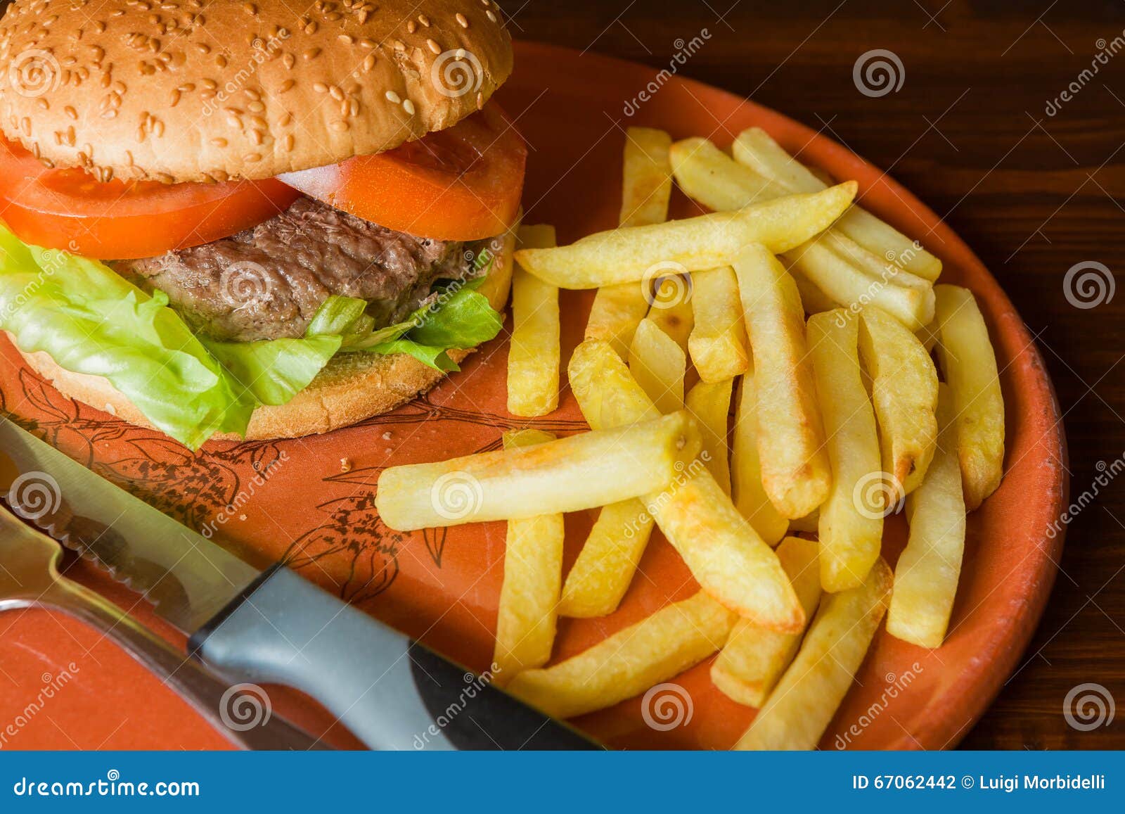 Hamburger and Fried Potatoes Stock Photo Image of meat, knife 67062442