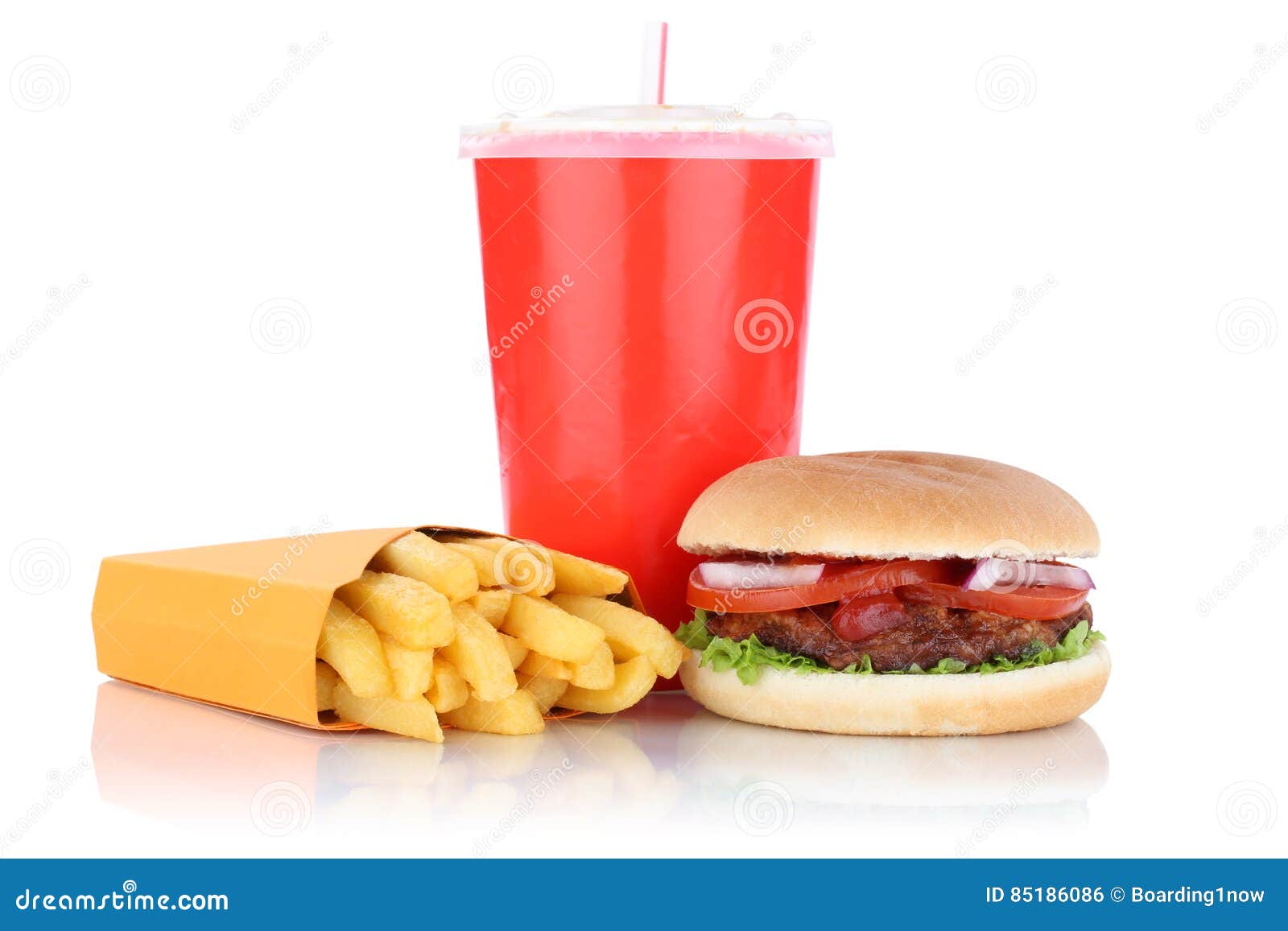 Hamburger and Fries Menu Meal Combo Fast Food Drink Stock Photo