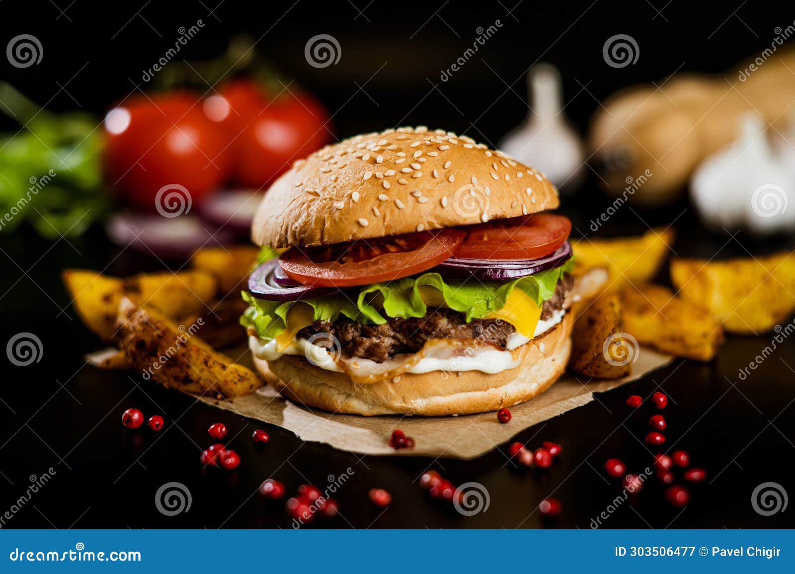 Hamburger with Meat Patty and Cheese. Bacon and Fresh Vegetables Stock