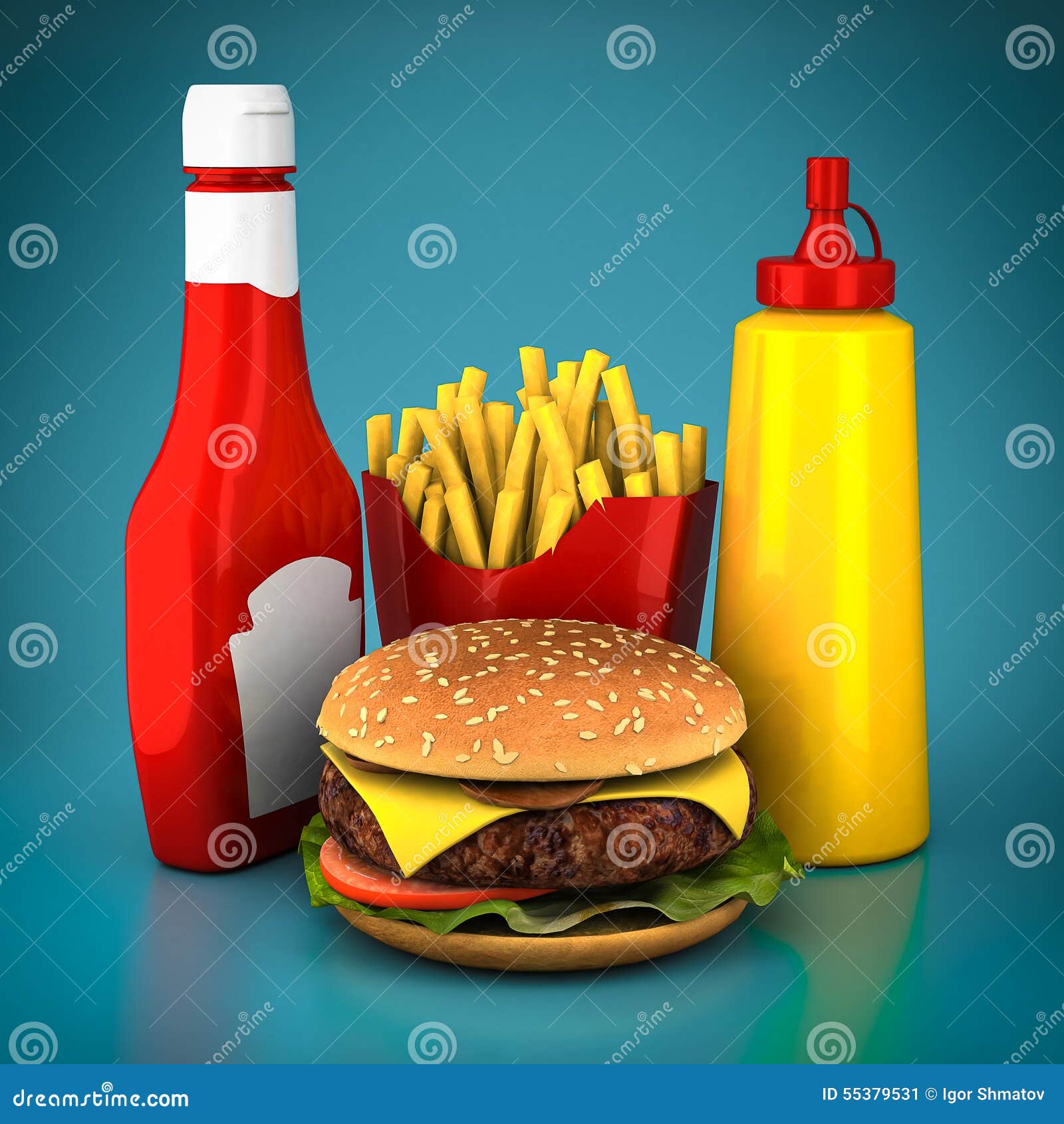 Hamburger, Pommes Frites, Moutarde Et Ketchup Illustration Stock