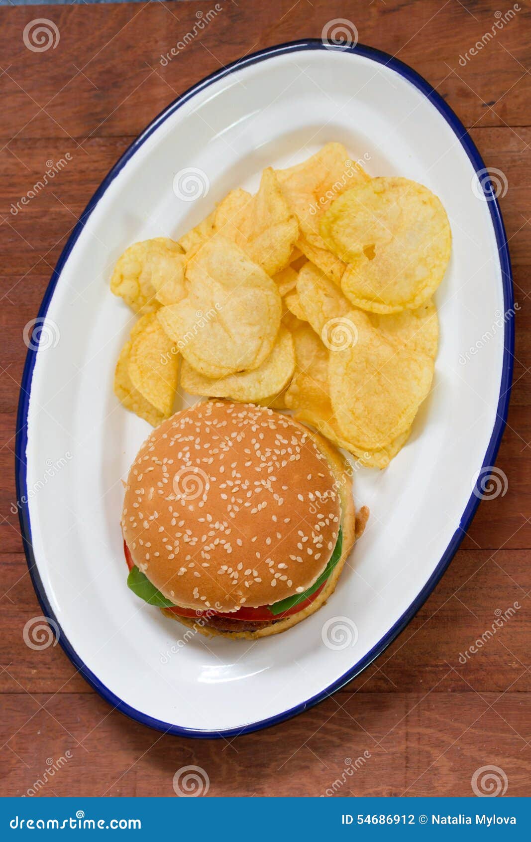 Hamburger With Potato Chips Stock Photo Image of cheese, background
