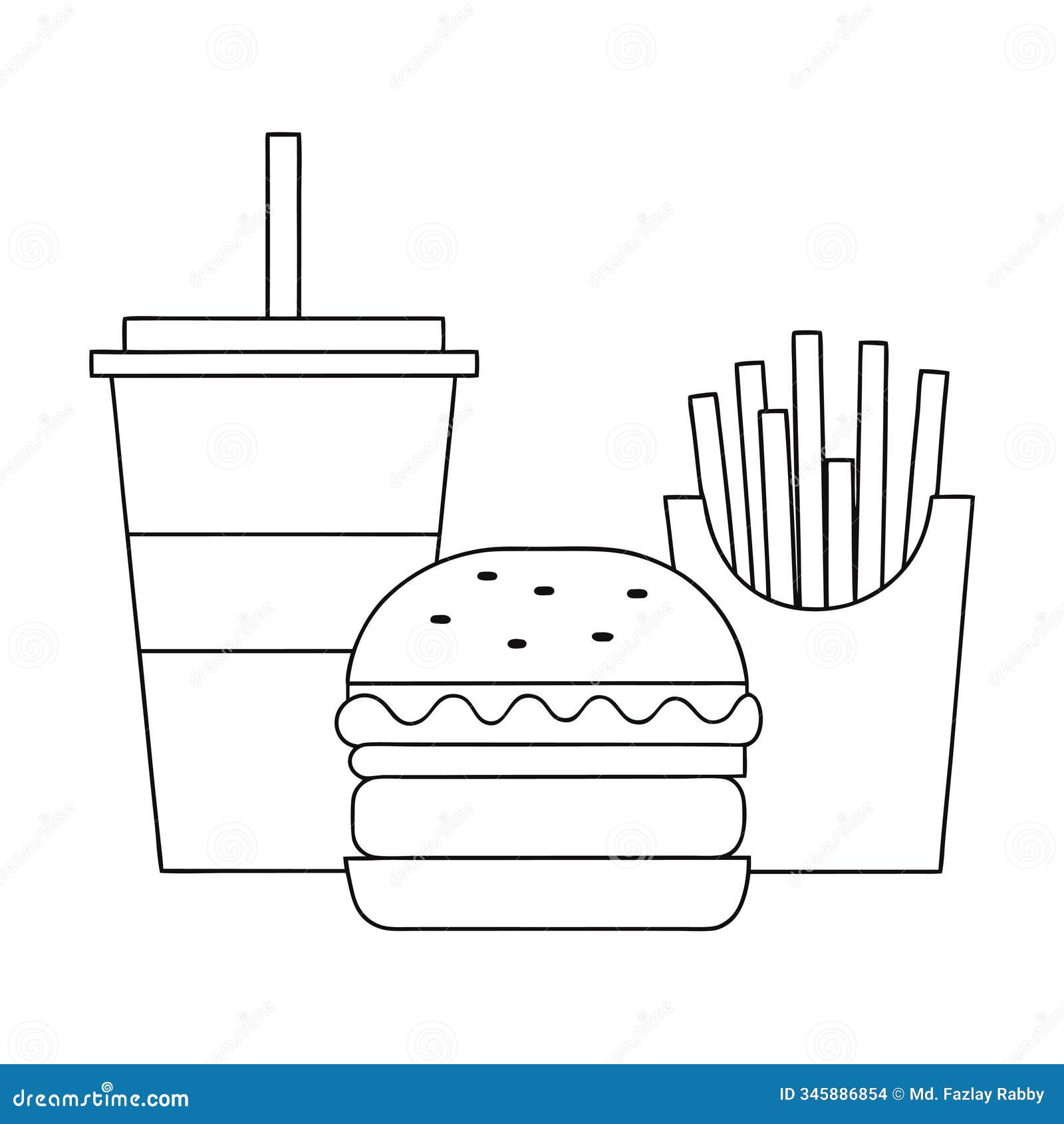 hamburger, soft drink, and french fries fast food icon  line art.
