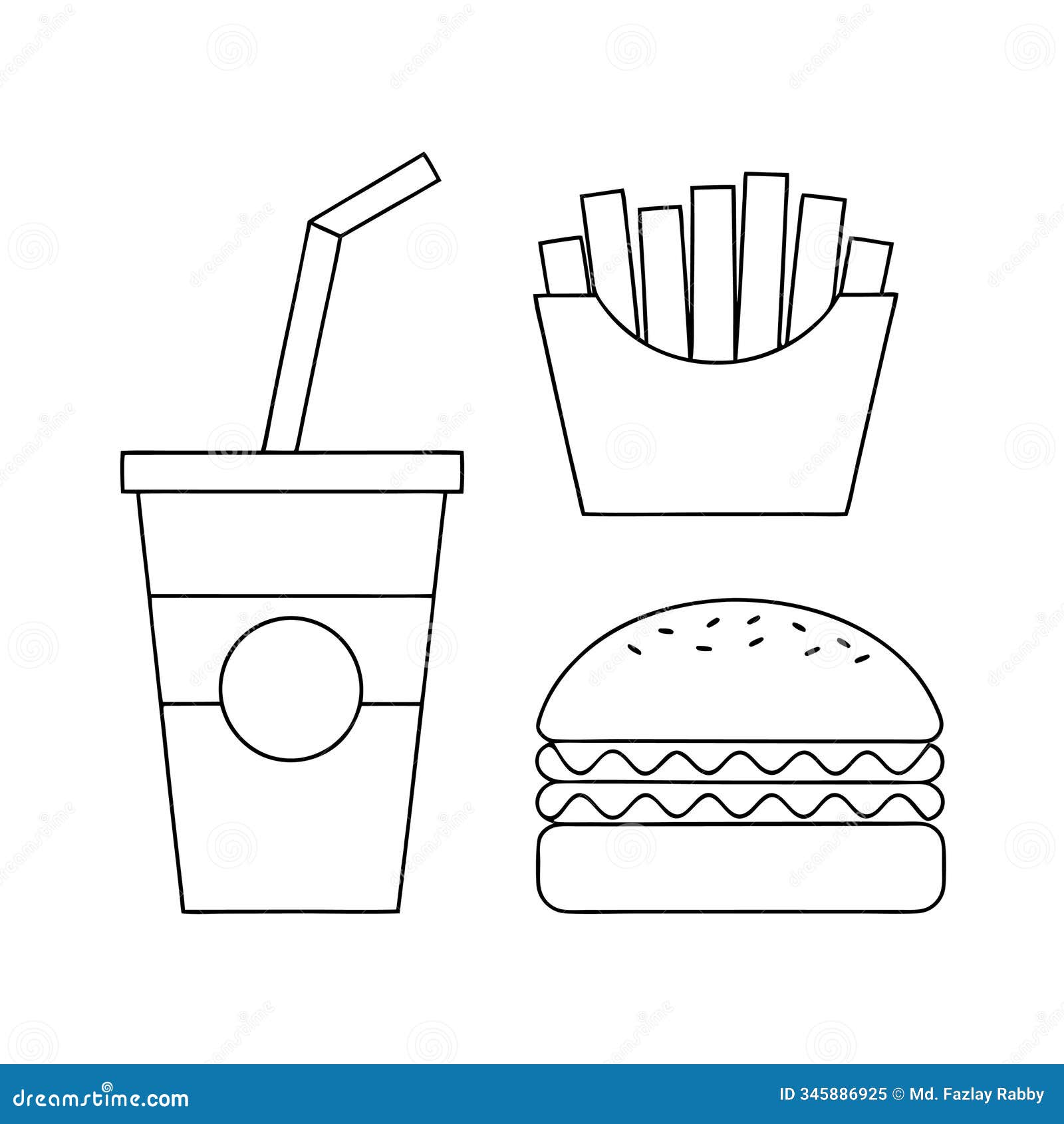 hamburger, soft drink, and french fries fast food icon  line art.