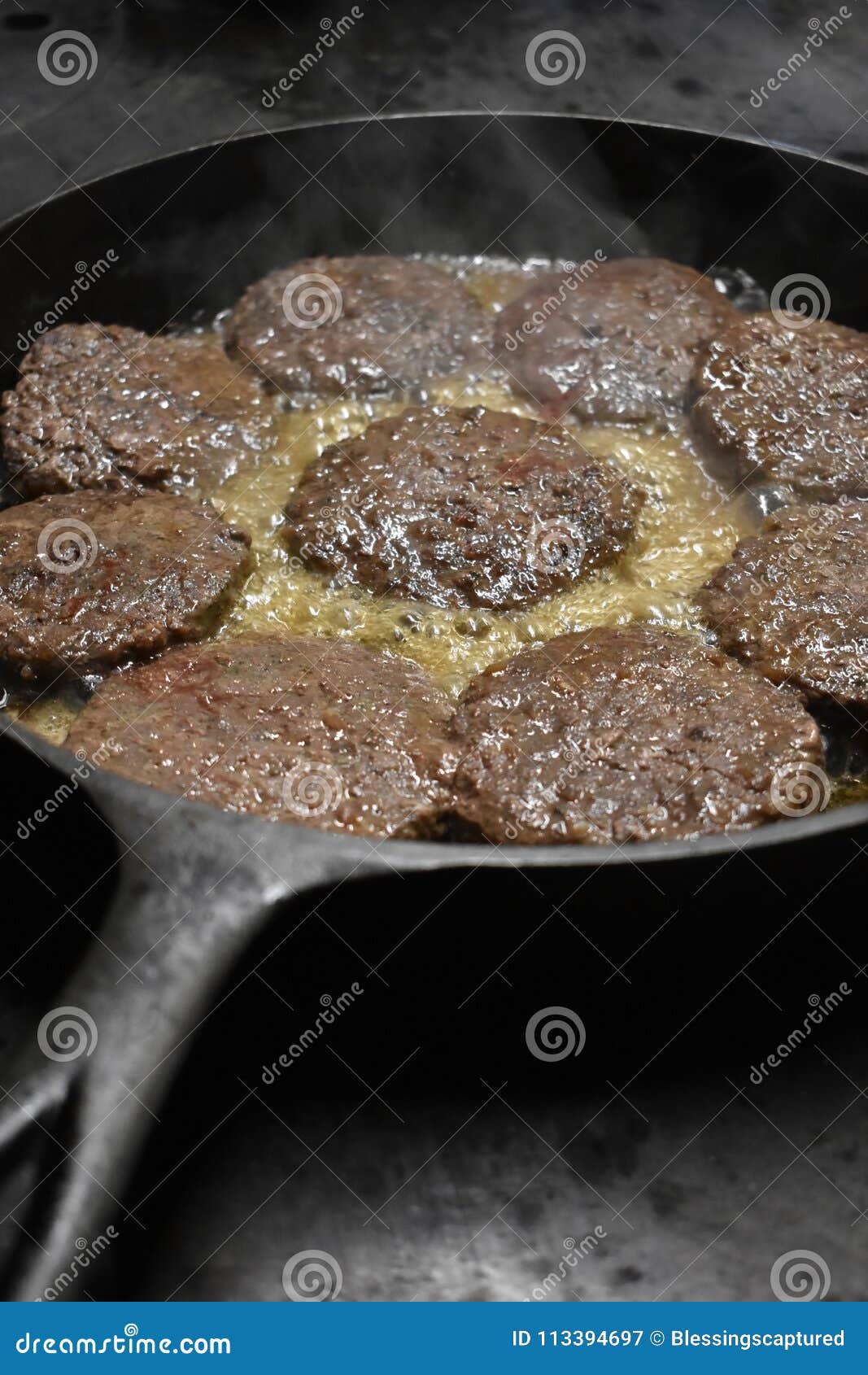 Hamburgers Cooking In A Cast Iron Skillet On A Wood Stove Stock Image Image Of Meal Baked 113394697