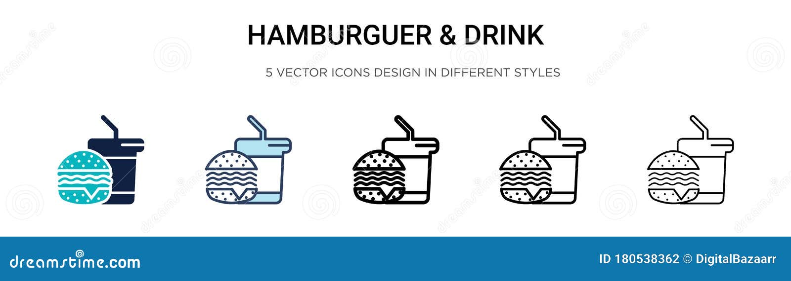 hamburguer & drink icon in filled, thin line, outline and stroke style.   of two colored and black hamburguer &