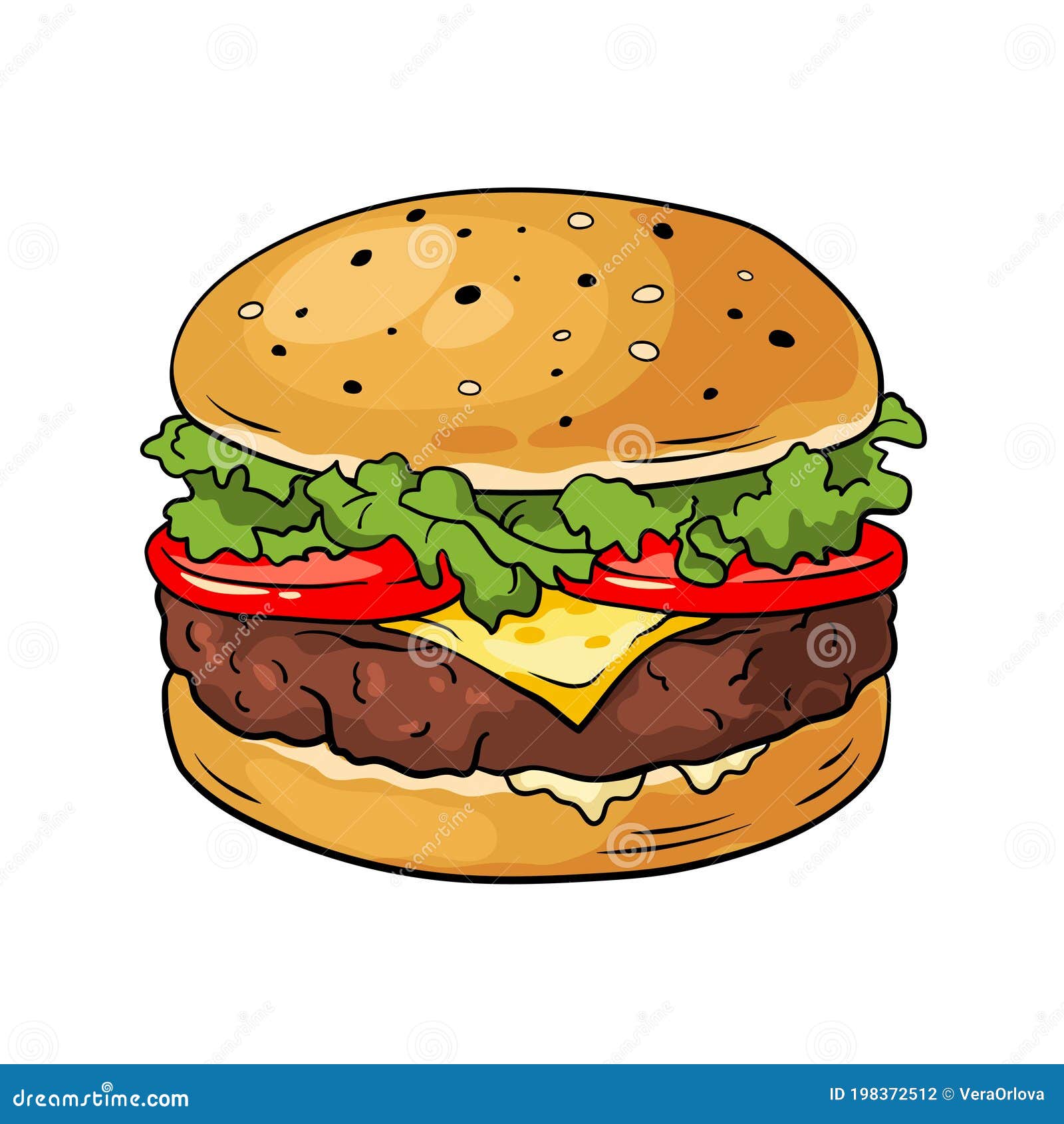 Hamburguesa. Estilo De Dibujos Animados De Ilustraciones Vectoriales  Dibujadas a Mano Ilustración del Vector - Ilustración de carne, desayuno:  198372512