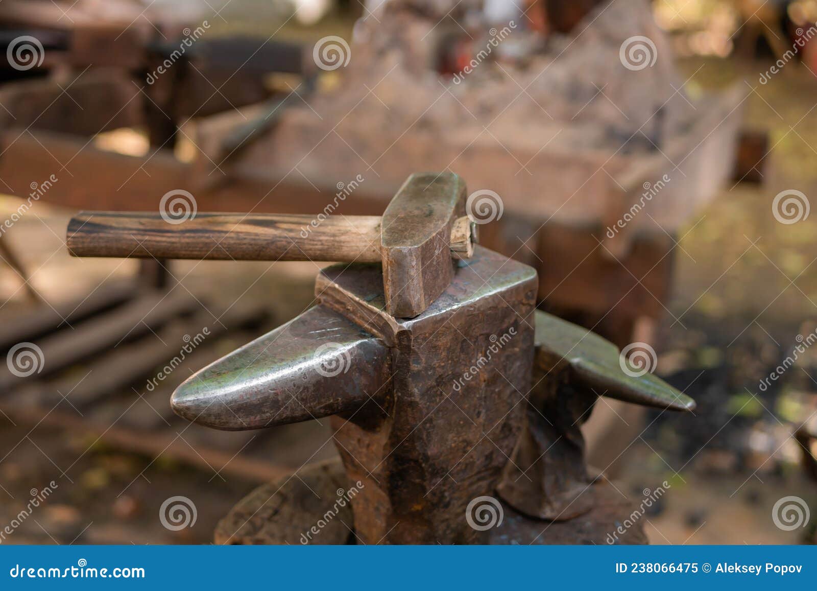 Hammer and Blacksmith Anvil at Outdoor Forge - Close Up Stock Image ...