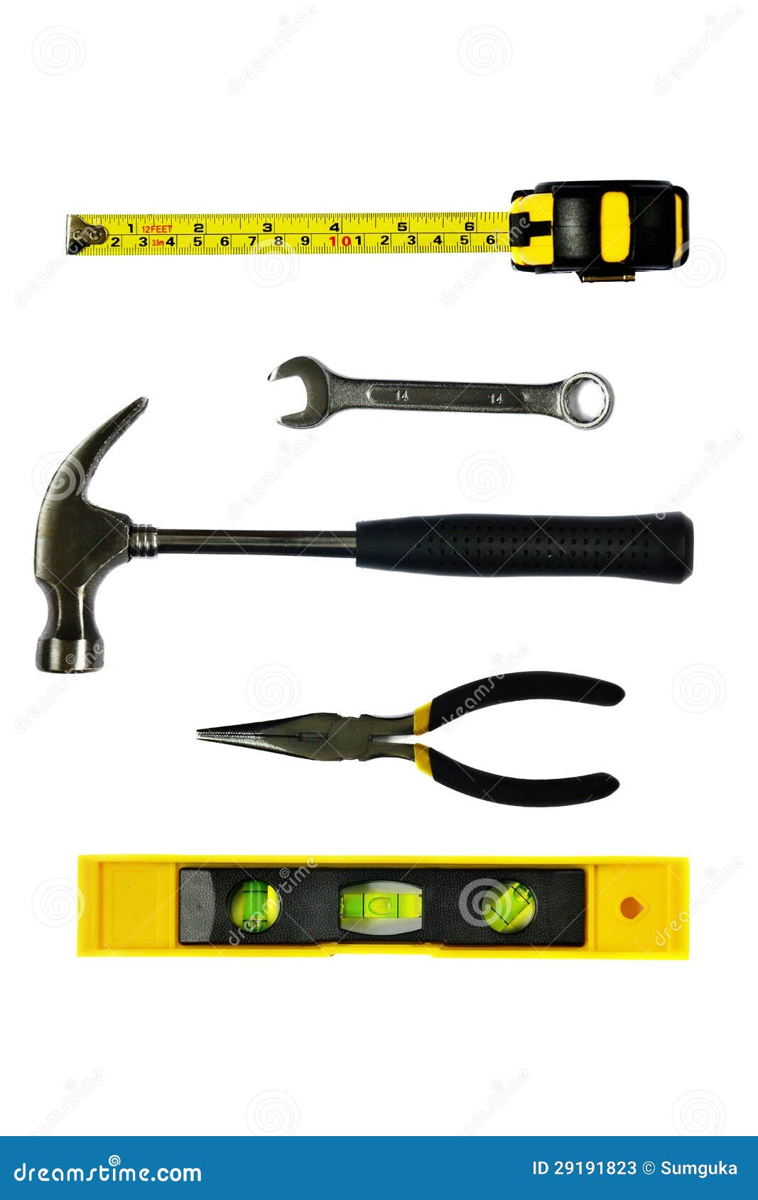 Hammer, Bubble Level,measurement, Wrench and Lineman S Pliers Stock