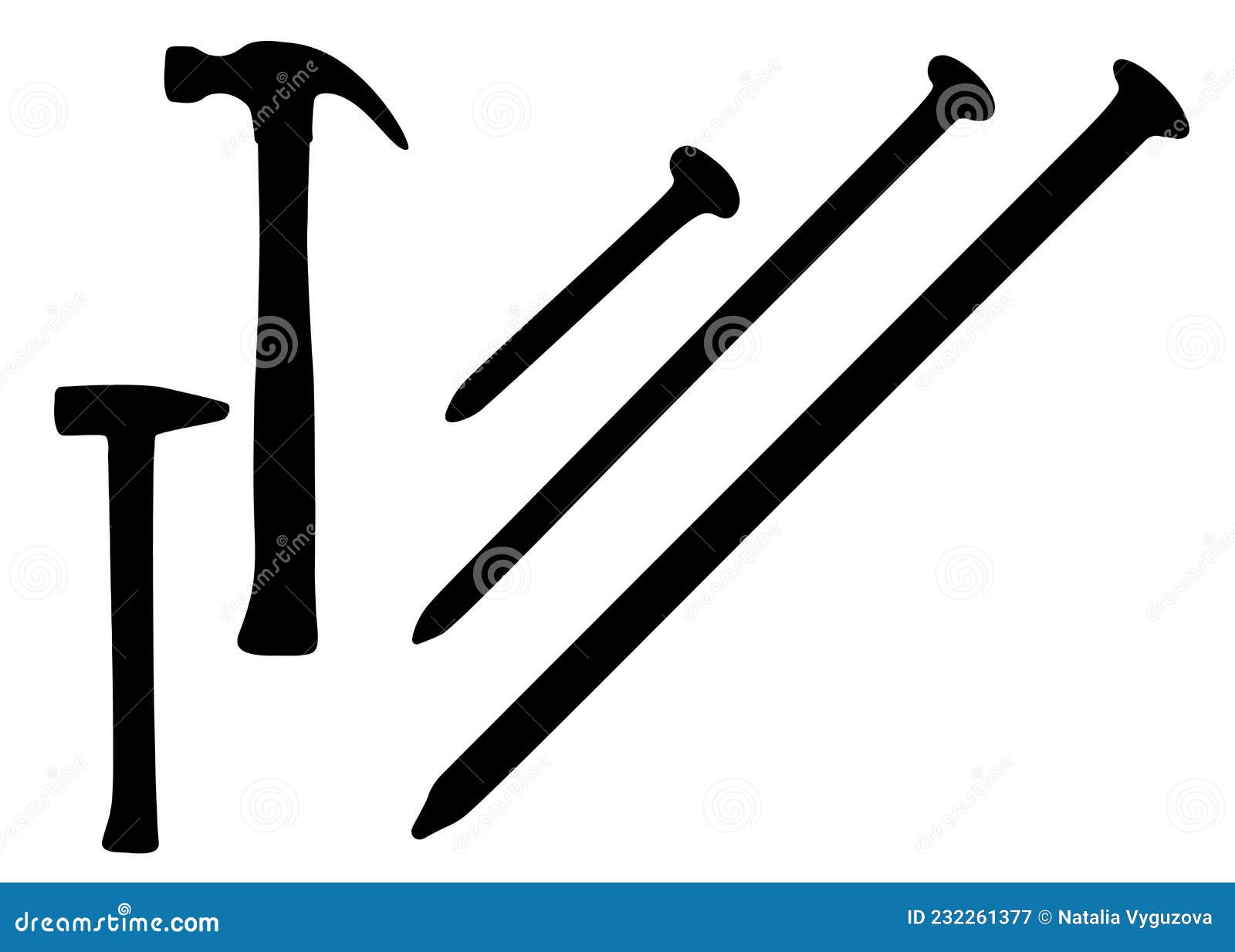Hammer and Construction Nail in the Set. Stock Vector Illustration of