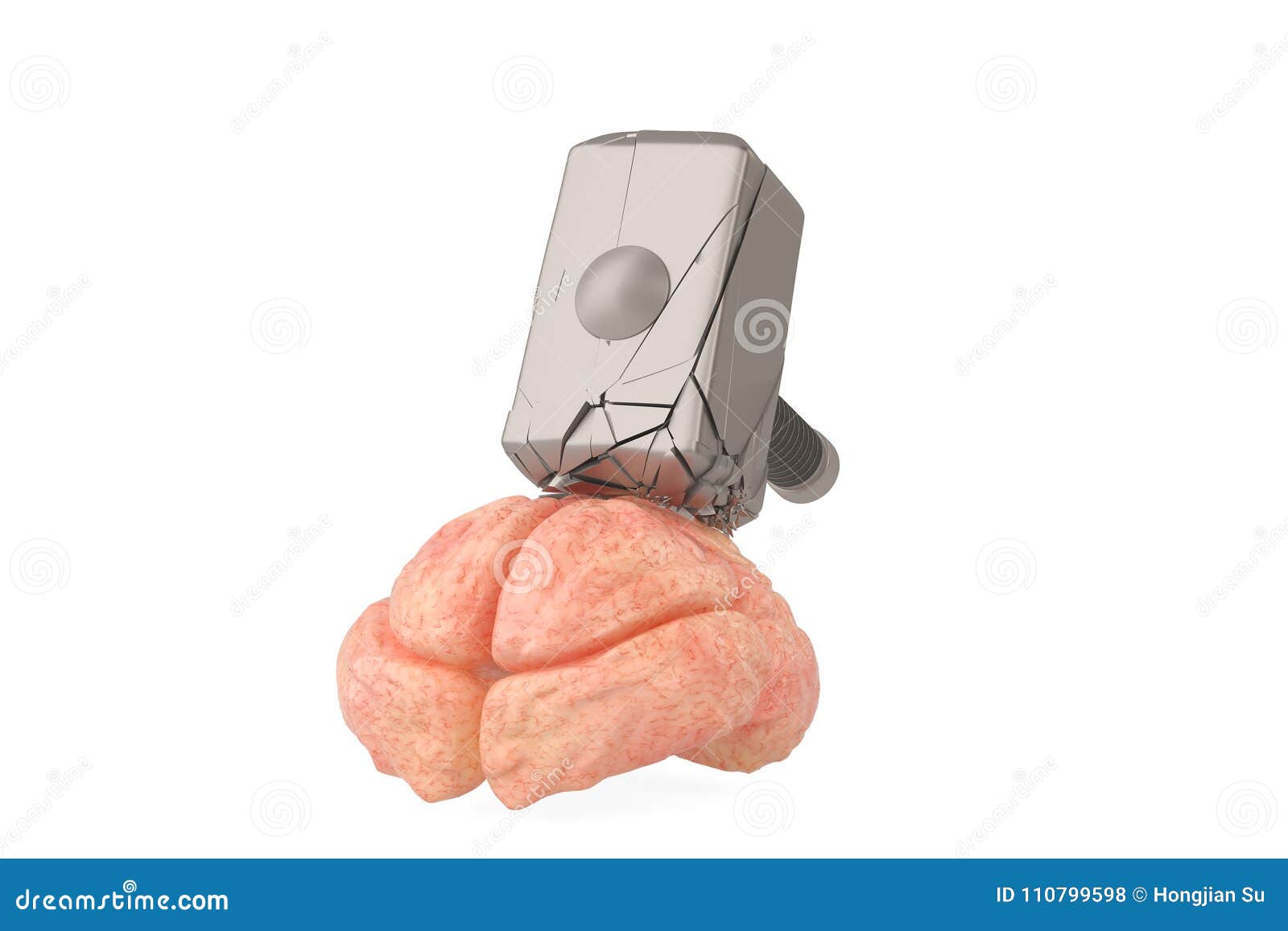 The Hammer Hits the Brain.3D Illustration. Stock Illustration