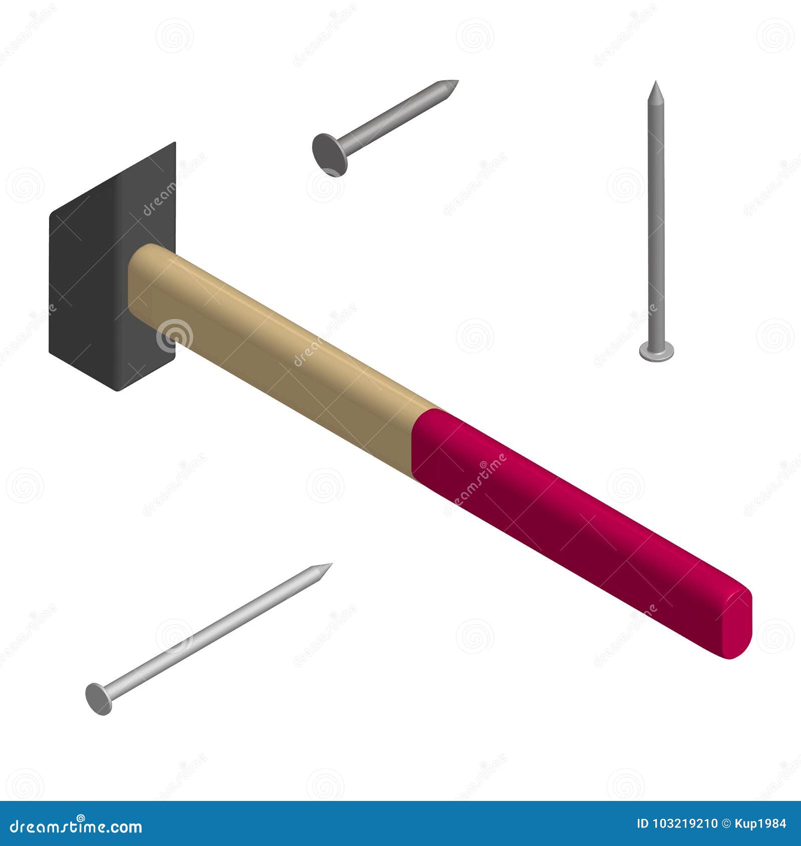 Hammer and Nails in 3D, Vector Illustration. Stock Vector