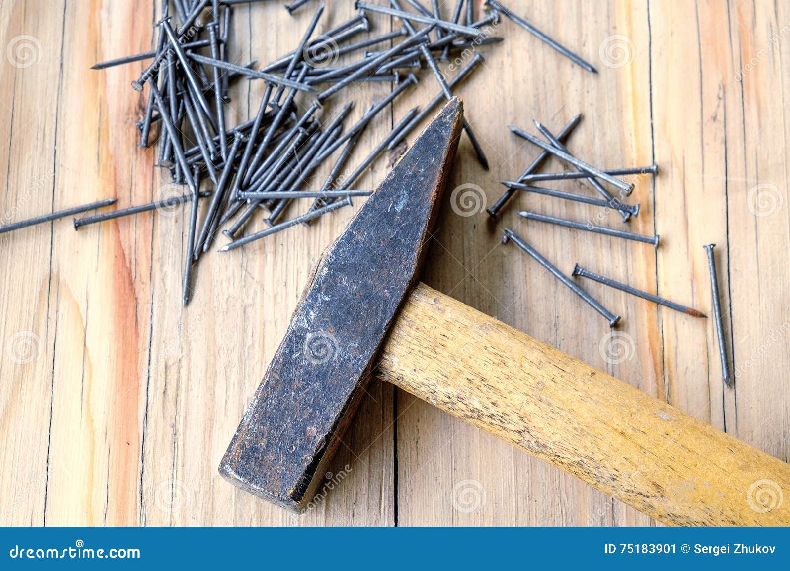 Hammer and Nails on Wood Table Background Stock Image Image of nail