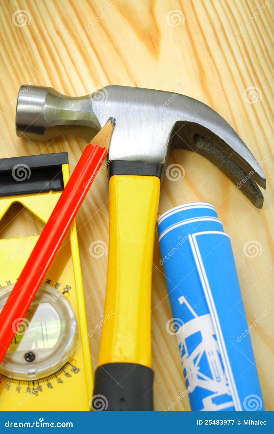 Hammer Pencil Blueprint Level on Wooden Boards Stock Image Image of