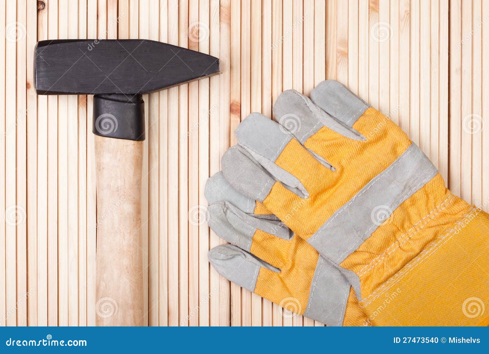 Hammer and Protective Gloves Stock Photo Image of working, yellow