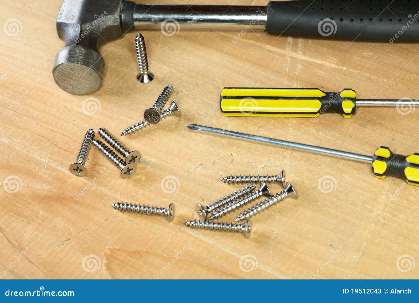 Hammer Screwdriver Screws on a Board Stock Image Image of construct