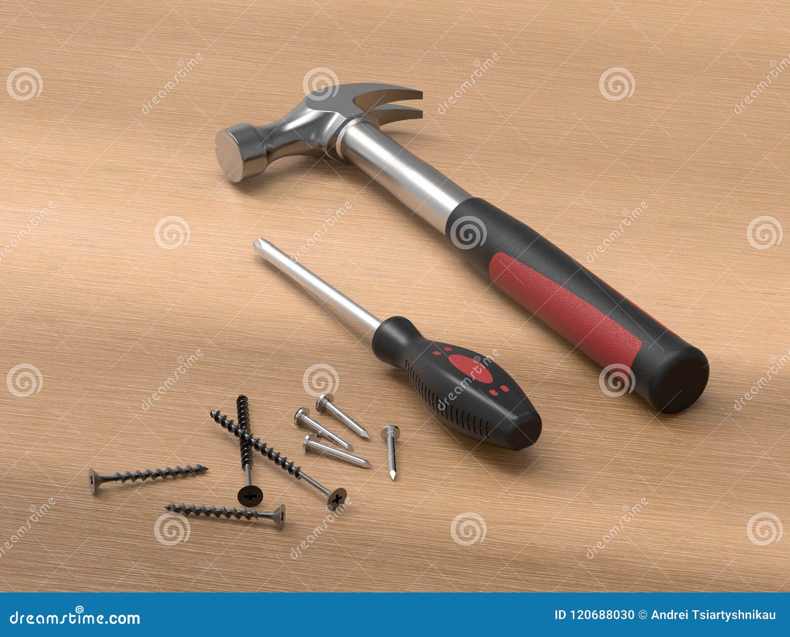 Hammer with Screwdriver and Set of Screws. 3D Rendering. Stock
