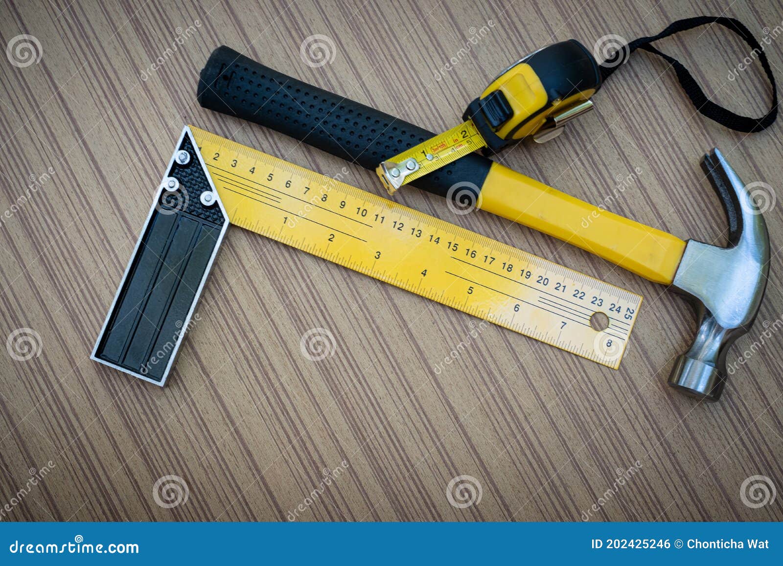 Hammer Try Square and Tape Measure are Set of Hand Tools Stock Photo