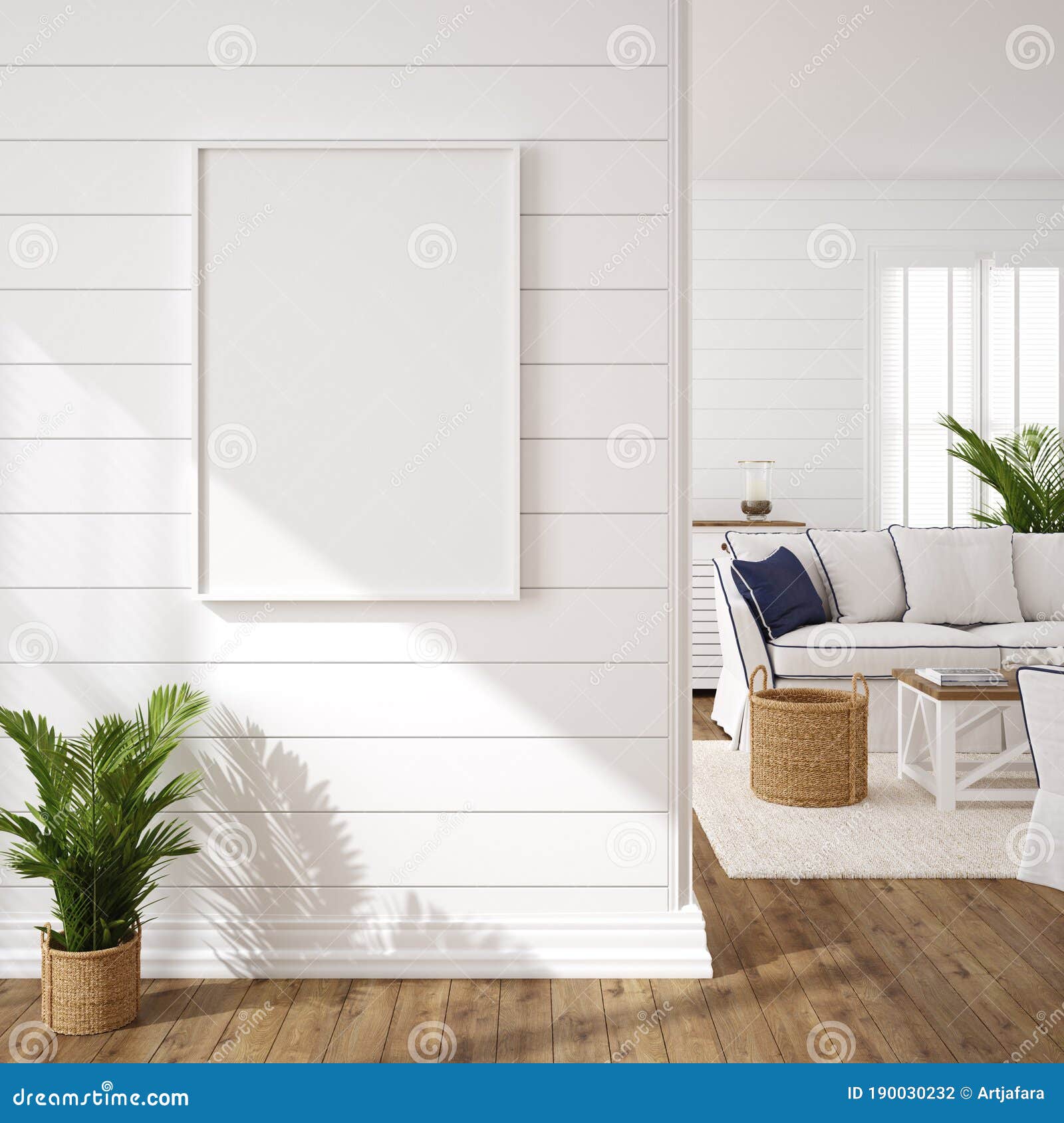 Hampton Style Living Room Interior with Frame Mockup Stock Illustration