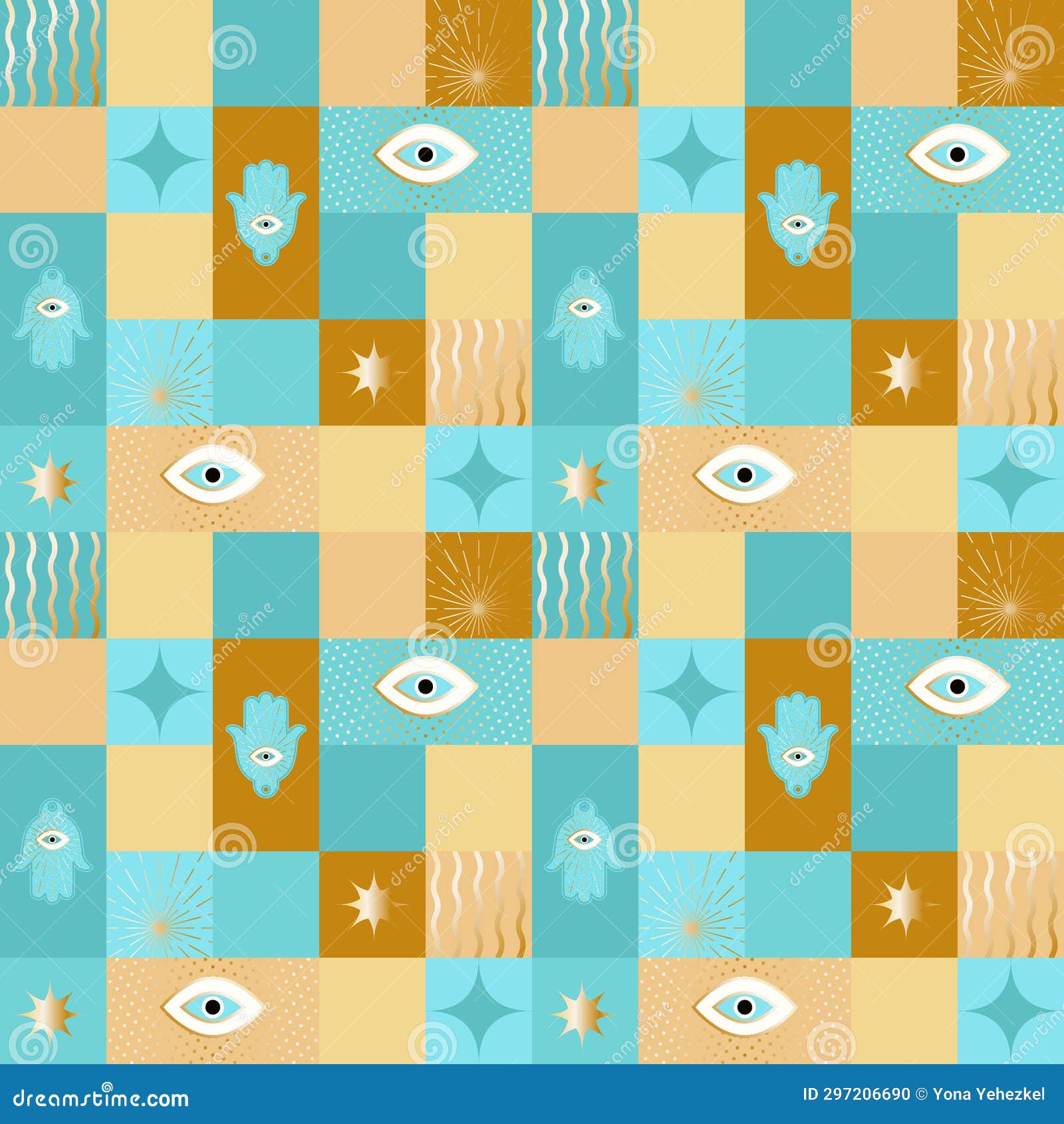 hamsa, ?vil ?ye, stars and dots seamless in turquoise and gold on plaid background