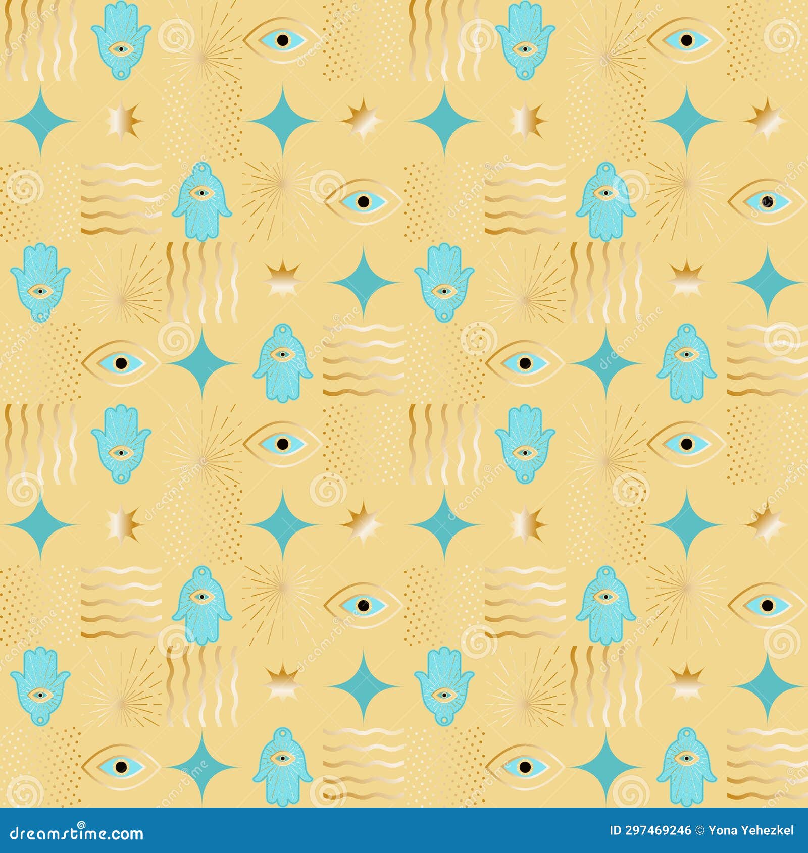 hamsas, ?vil ?yes, stars, dots and waves seamless in turquoise on golden background