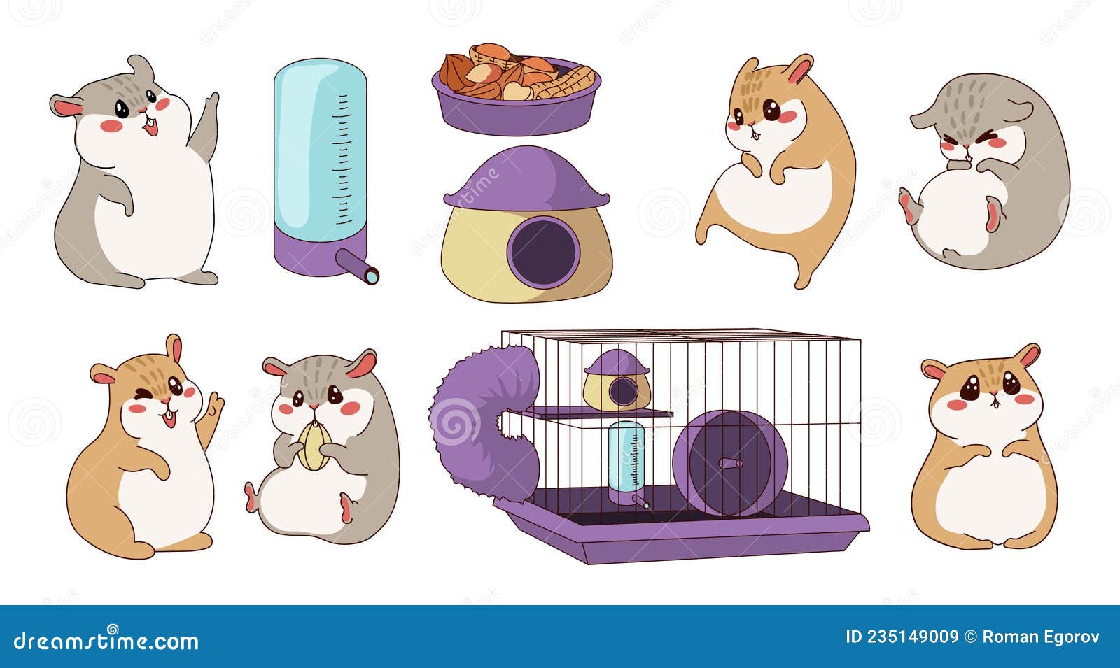 hamster character. cartoon curious pet with cage and wheel. feeder or drinker. domestic rodent poses and expressions