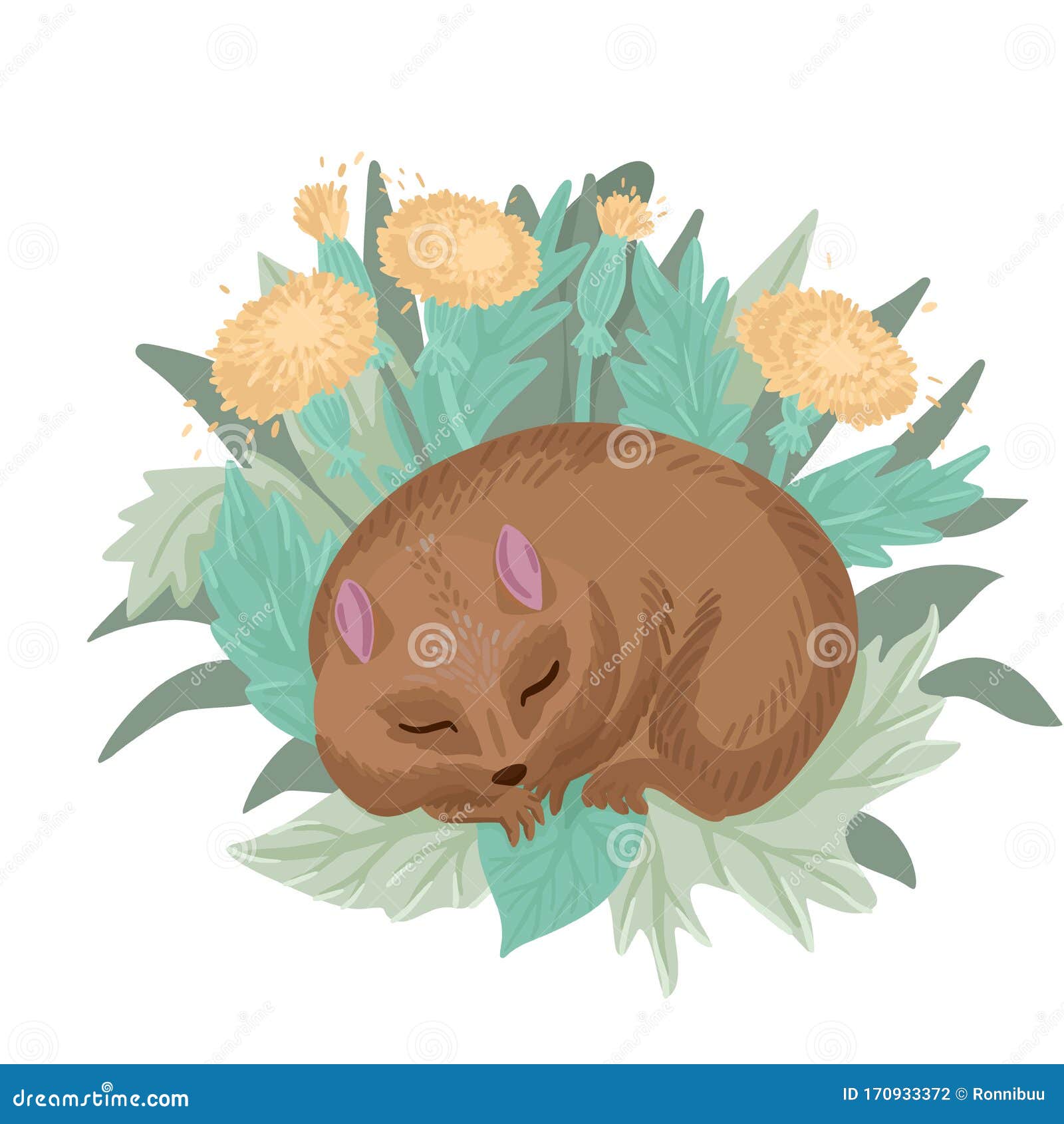 Hamster Durmiente En Hojas Y Flores Ilustración Del Vector Ilustración del  Vector - Ilustración de dandelia, regalo: 170933372