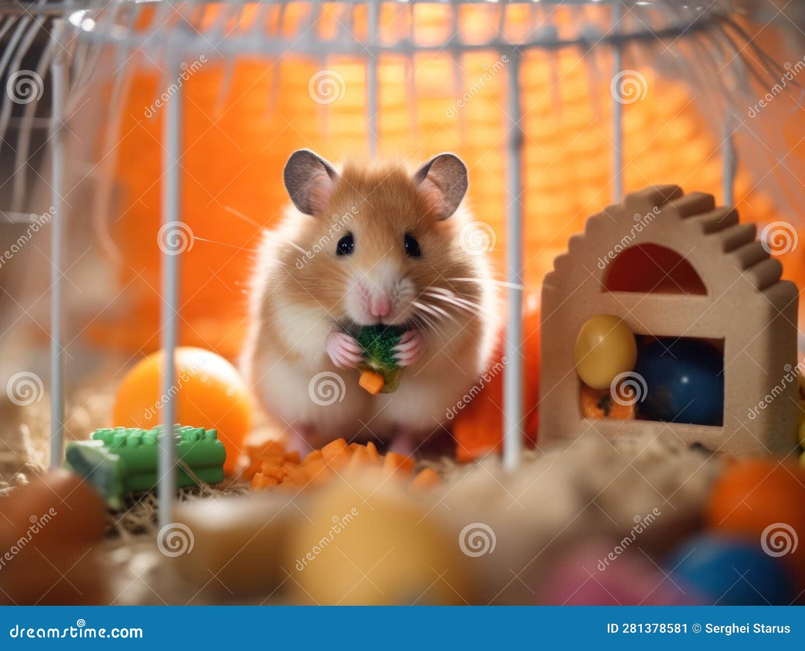 A Hamster Eating a Carrot in a Cage. Generative AI Image. Stock