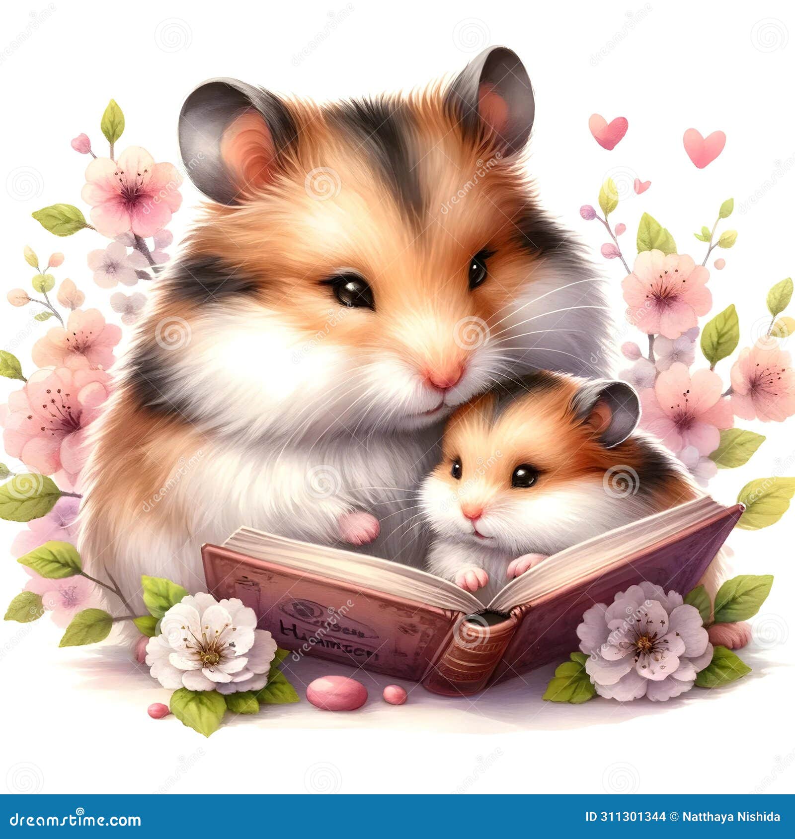 Mom Hamster is Reading a Storybook To Her Kid, Watercolor Illustration