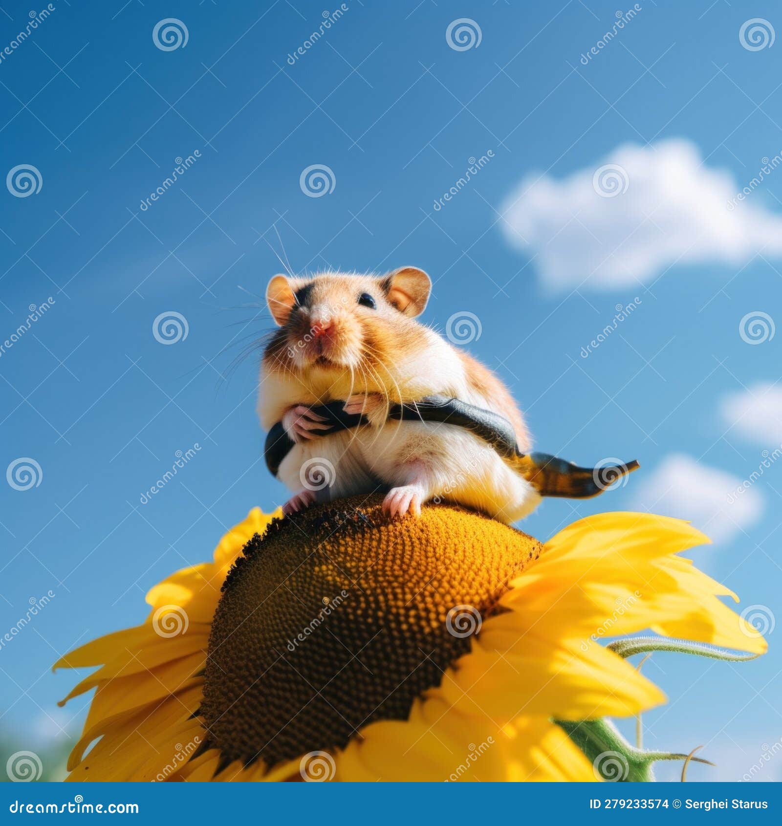 A Hamster Sitting on Top of a Sunflower. Generative AI Image. Stock