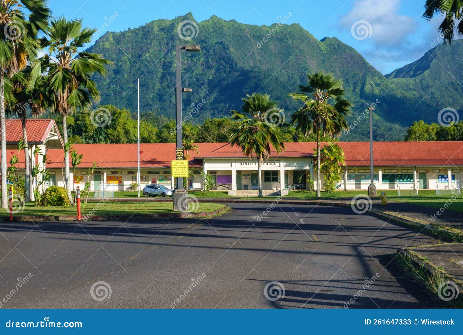 Hanalei School in Hawaii with Forested Hills and Blue Sky in the