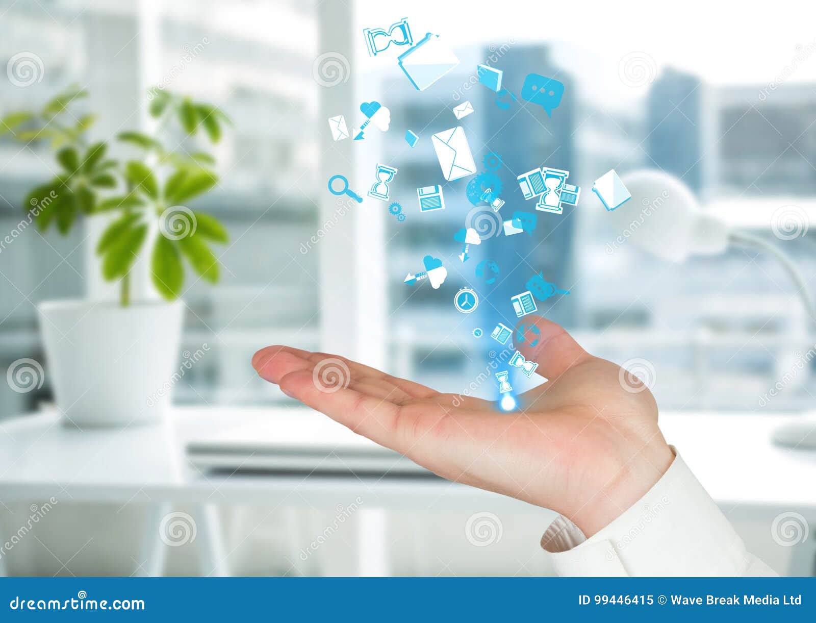 Hand with Application Blue Icons Coming Up Form it. Blurred Office  Background Stock Image - Image of indoors, graphic: 99446415