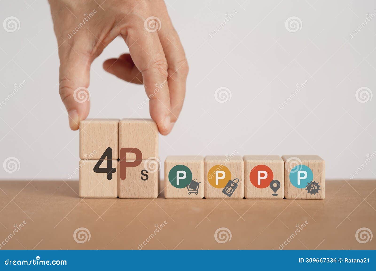 hand arranged 4ps marketing mix, product place price promotion, icon and text in multi color circle on wooden cube blocks with