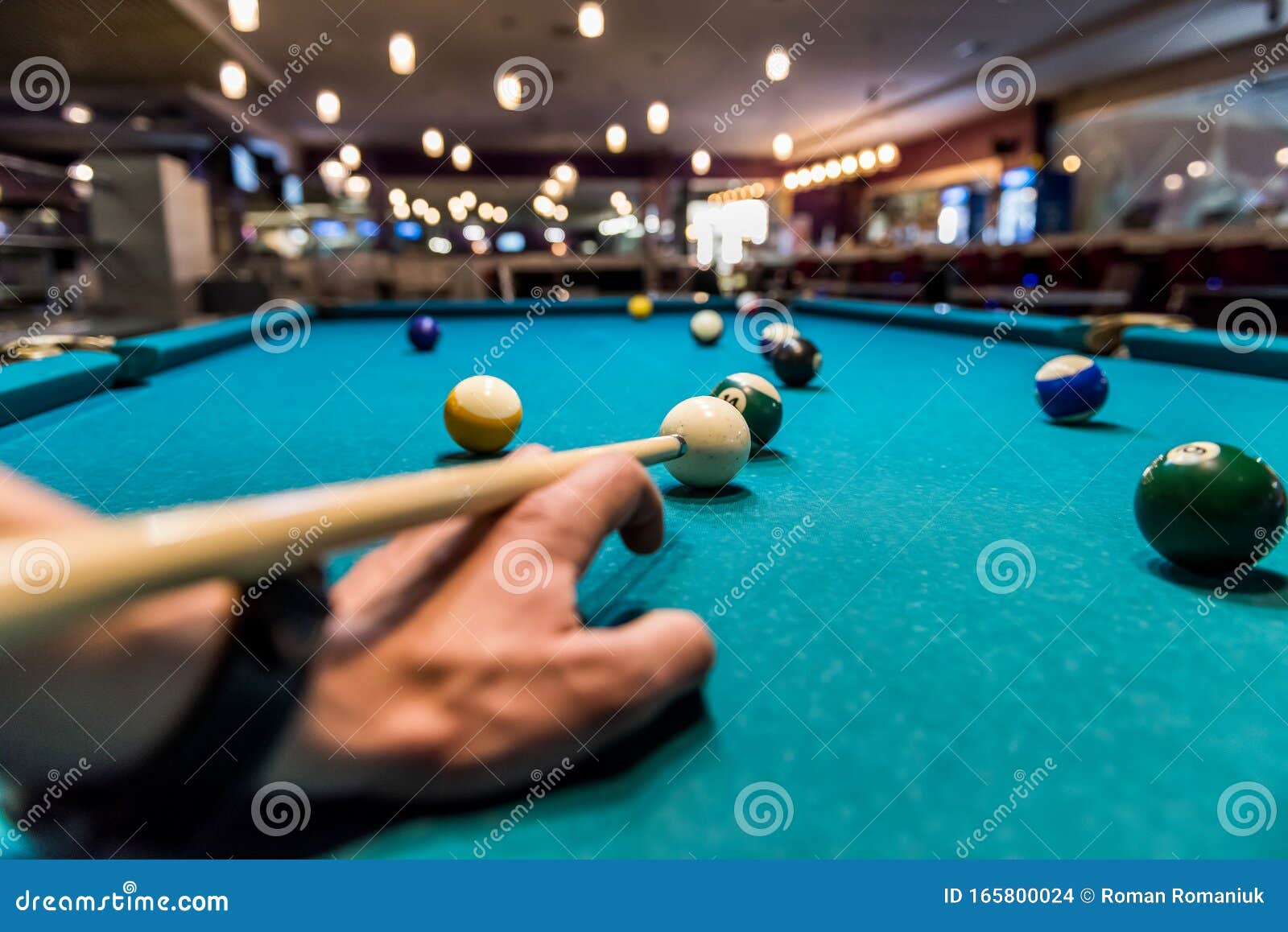 Hand As Rack for Cue on Billiard Table with Balls Stock Photo Image
