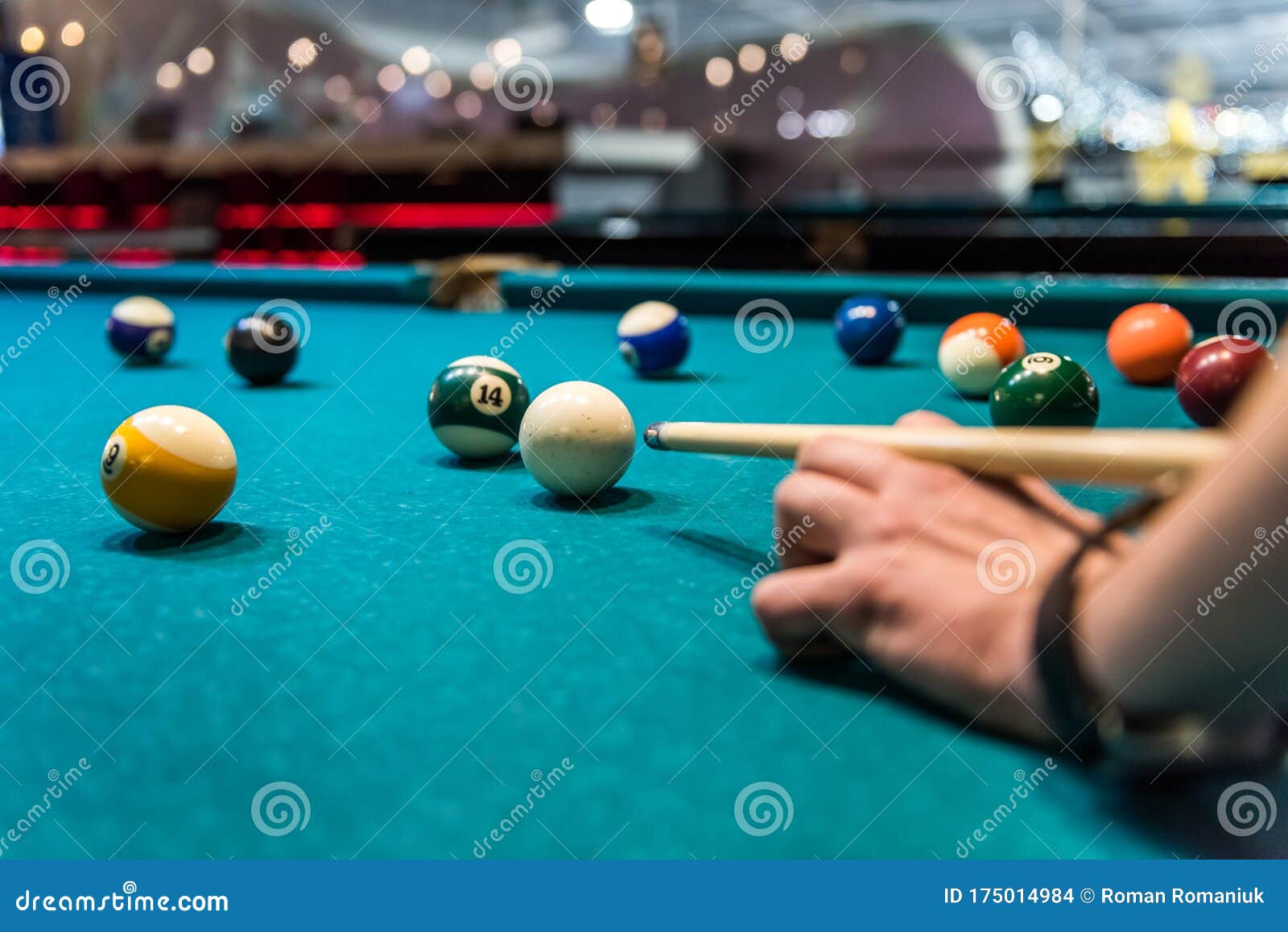 Hand As Rack for Cue on Billiard Table with Balls Stock Photo Image