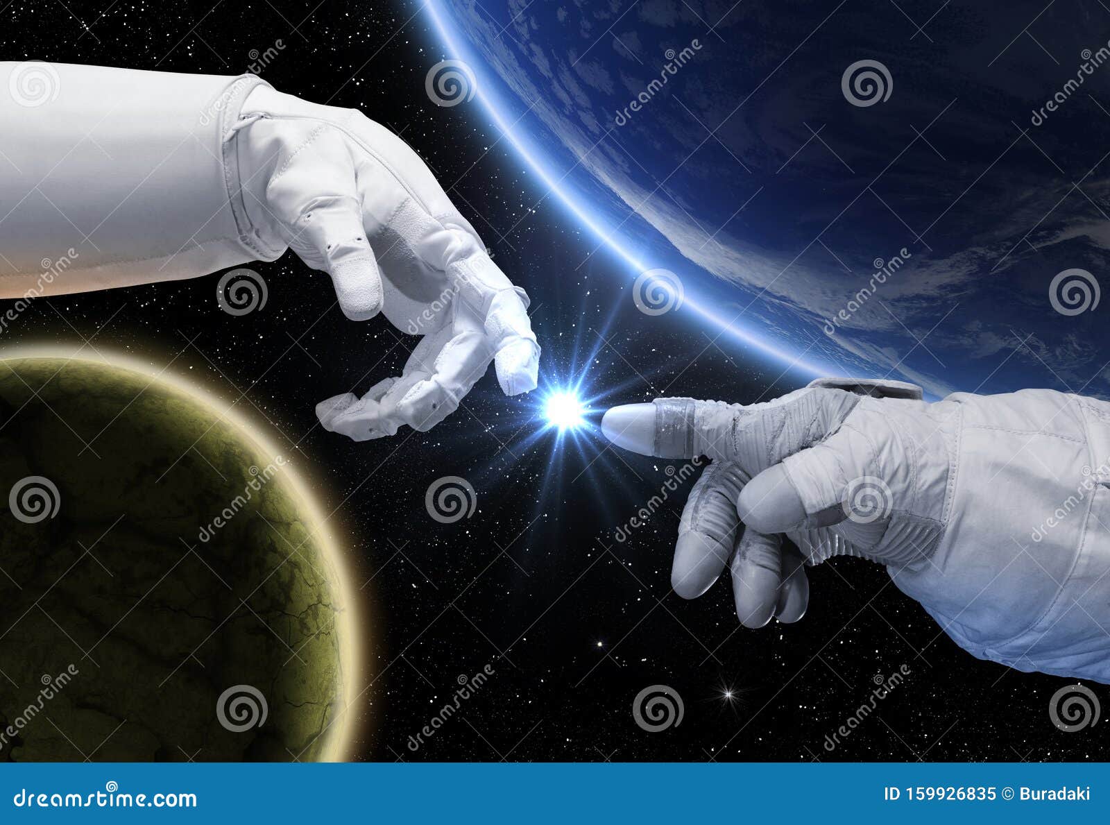 hand of astronaut and robot. contact with other civilizations