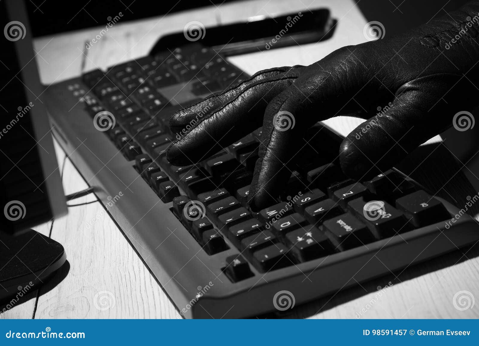 Hand in Black Glove Types on Keyboard Stock Image Image of data