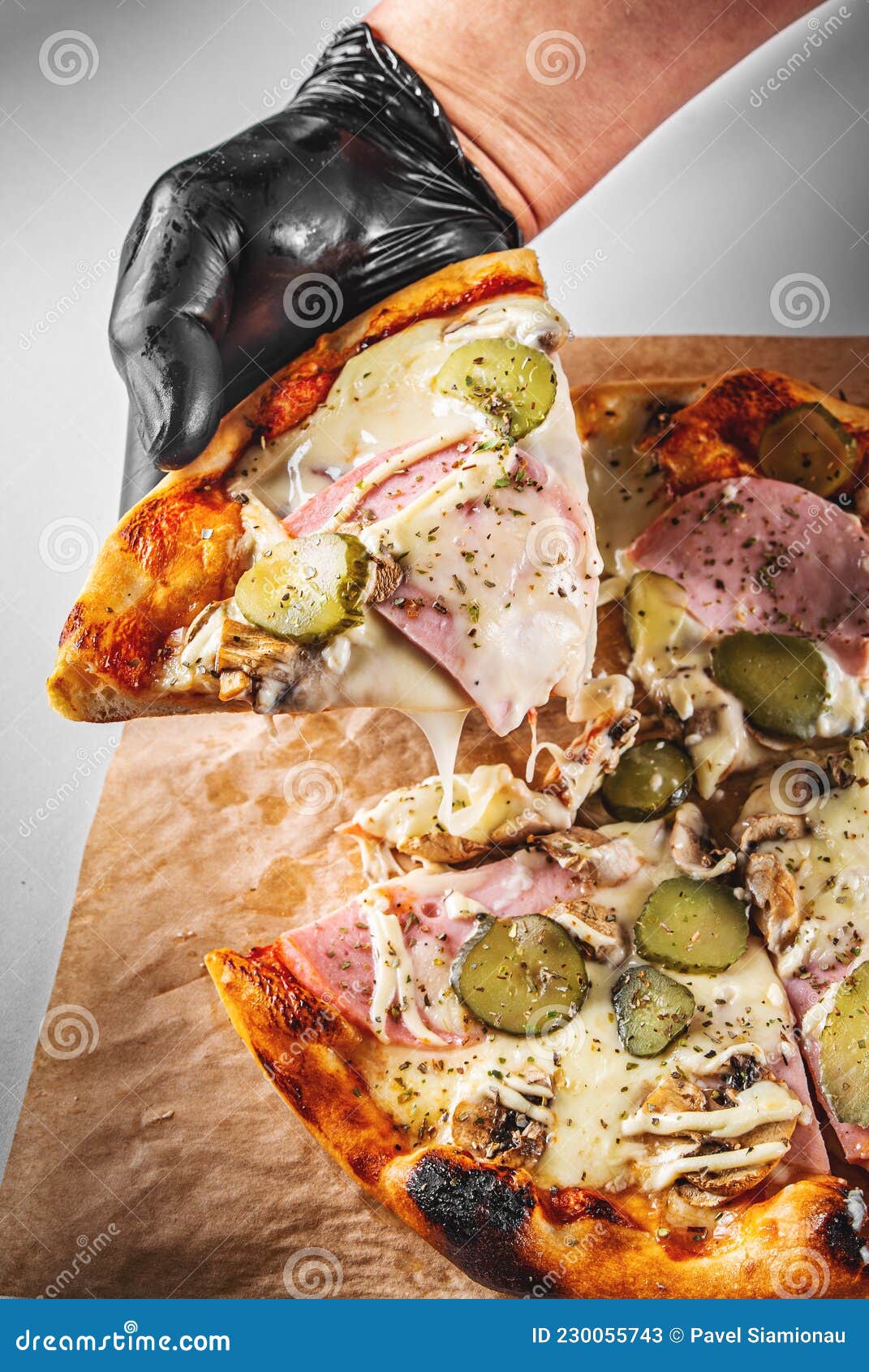 Hand in Black Gloves Takes a Slice of Pizza Stock Image Image of