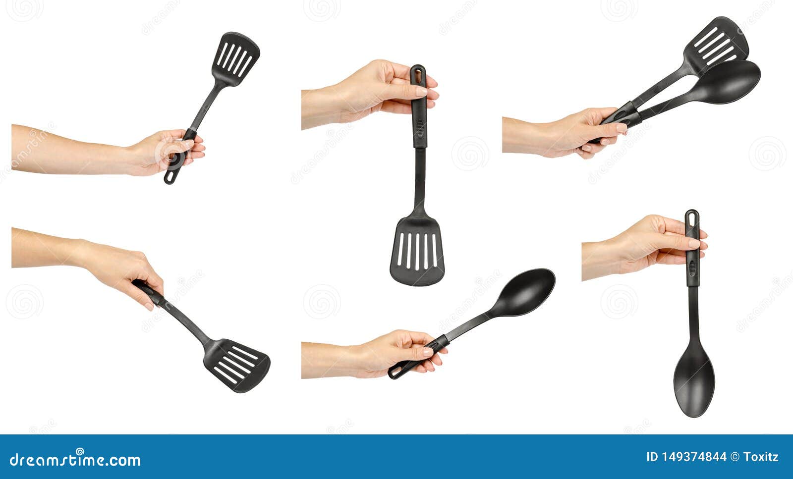 Hand with Black Plastic Kitchen Utensils, Set and Collection Stock