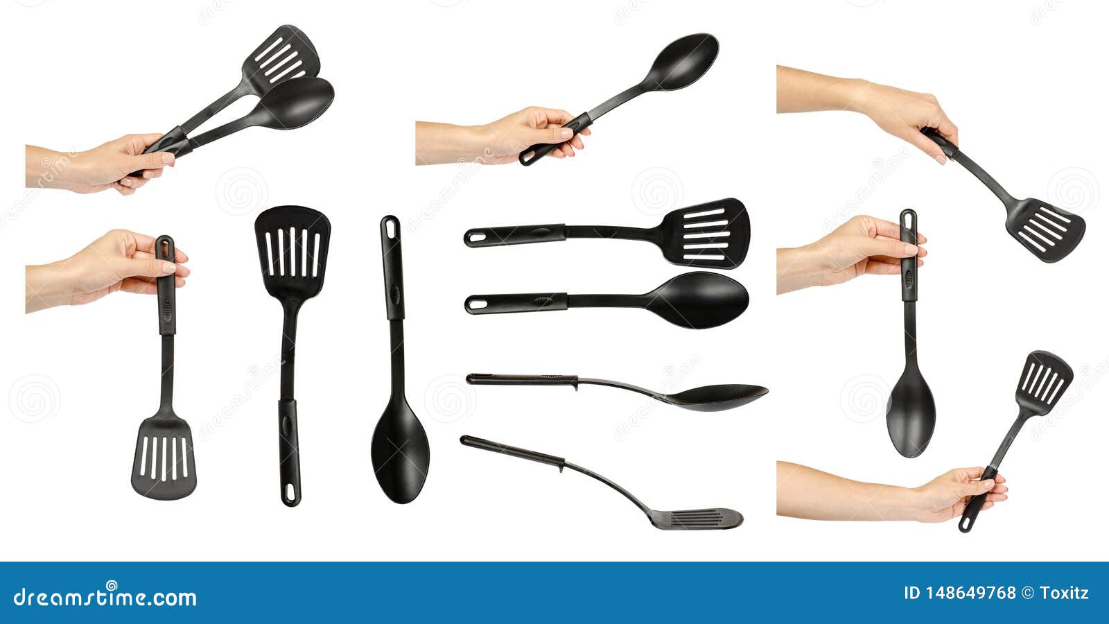 Hand With Black Plastic Kitchen Utensils Set And Collection Stock hand-with-black-plastic-kitchen-utensils-set-and-collection-stock